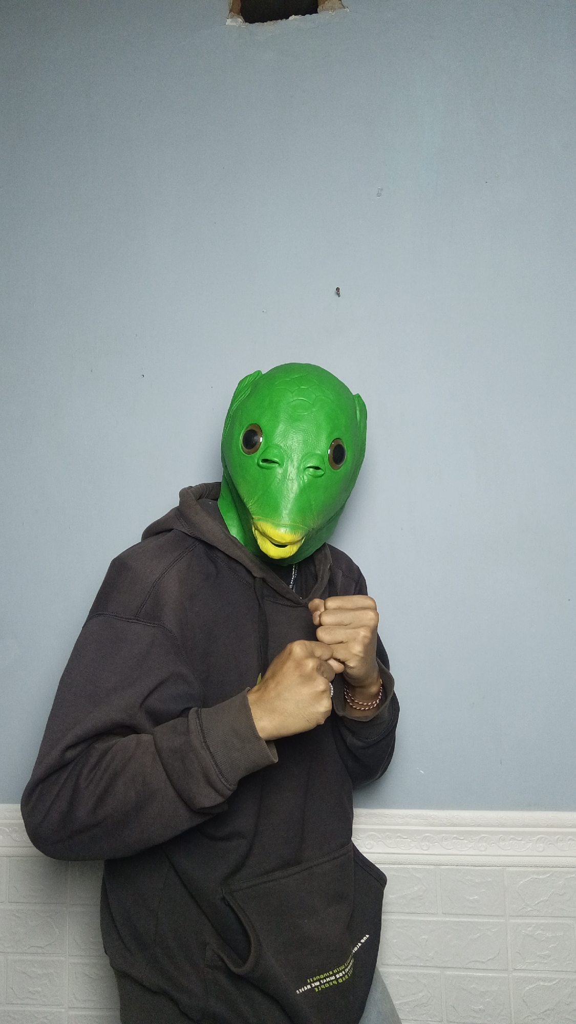 In an indoor setting, a person wearing a green reptilian mask with large black eyes and a yellow beak stands in front of a light blue wall. The person is wearing a dark gray hooded sweatshirt and has their fists clenched in a boxing stance. The lower portion of the image shows a tiled wall with a decorative border. The scene appears to be a candid or staged photograph, with no specific urban context from Kebumen, Indonesia, evident in the image itself.