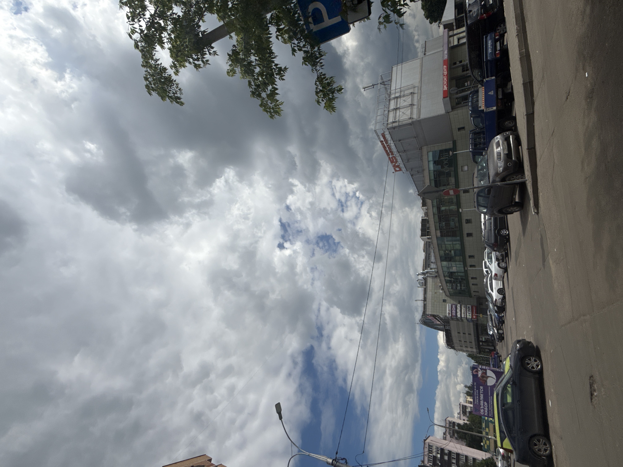 The image depicts a street scene in Mytishchi, Russia, viewed at an oblique angle toward the sky. The sky is predominantly overcast with grey and white clouds. The street is lined with parked cars on the right, and buildings on both sides. One building has visible signage in Russian. A tree branch and leaves are in the upper left of the image. Overhead power lines are also visible. A street lamp is located on the left side.