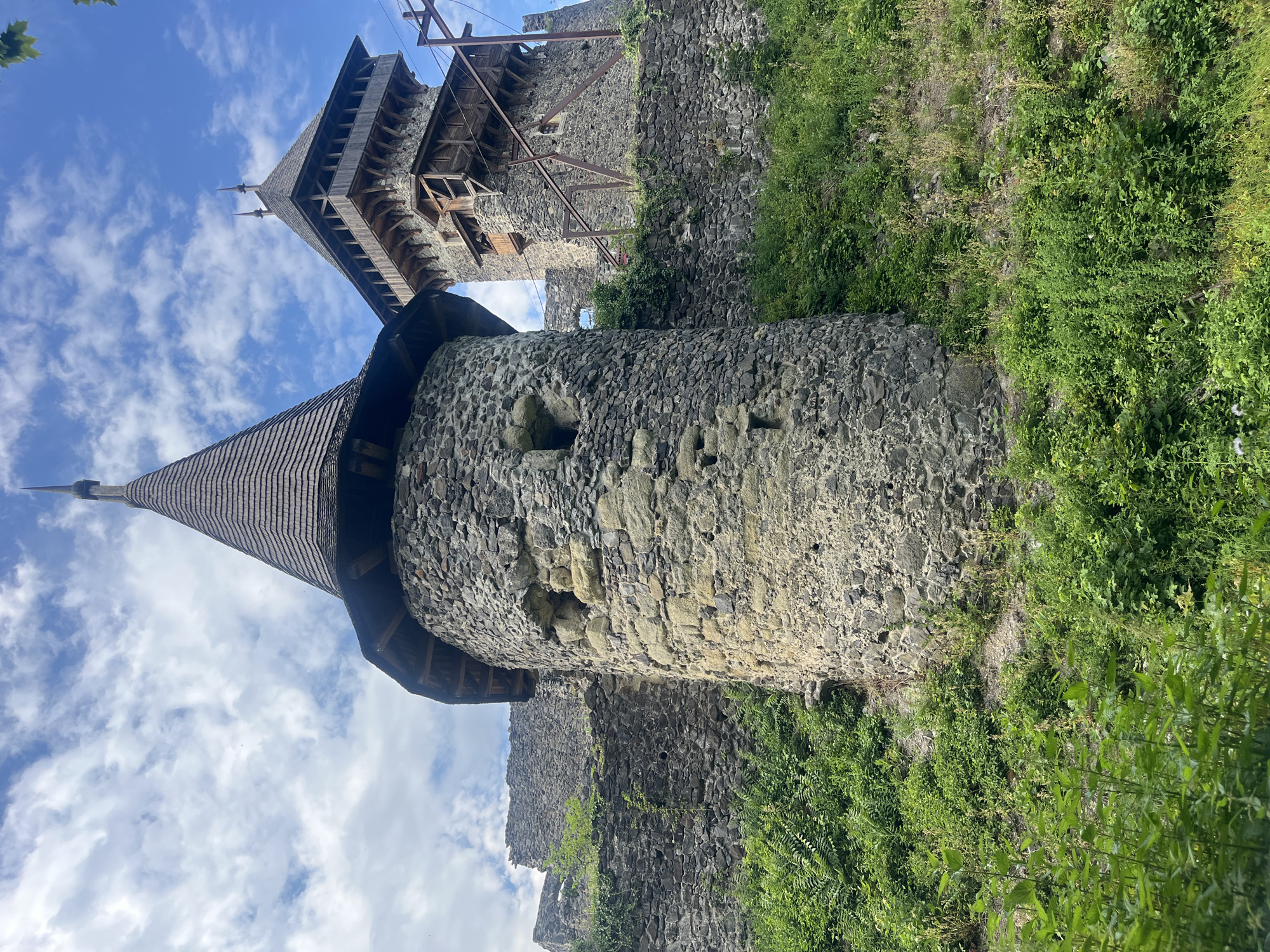 The image captures an ancient stone castle structure in Kamianytsia, Ukraine, viewed from a low angle, looking upwards towards its towers against a partly cloudy sky.
In the foreground, a prominent round stone tower rises, capped with a dark, conical wooden roof composed of shingles and terminating in a pointed finial. The tower's weathered stone surface exhibits varied textures and includes small, irregular openings. Behind and to the right of this round tower, a larger, more elaborate stone and wood structure is visible. This appears to be a main building or keep, featuring a complex wooden upper section with multiple tiers, decorative spires, and a wooden gallery or lookout. Several diagonal metal support beams are present, bracing parts of this older structure.
The castle walls are constructed from irregular, rough-hewn stones, predominantly grey with some lighter, yellowish tones. Abundant green vegetation, including bushes, grass, and vines, grows densely over and around the stonework, particularly on the right side of the image, where it covers the sloping ground leading up to the castle. The sky is a clear blue with scattered white cumulus clouds, indicating daytime and fair weather. There are no people or discernible text visible in the image. The scene portrays a historical ruin or restored castle blending with its natural surroundings.