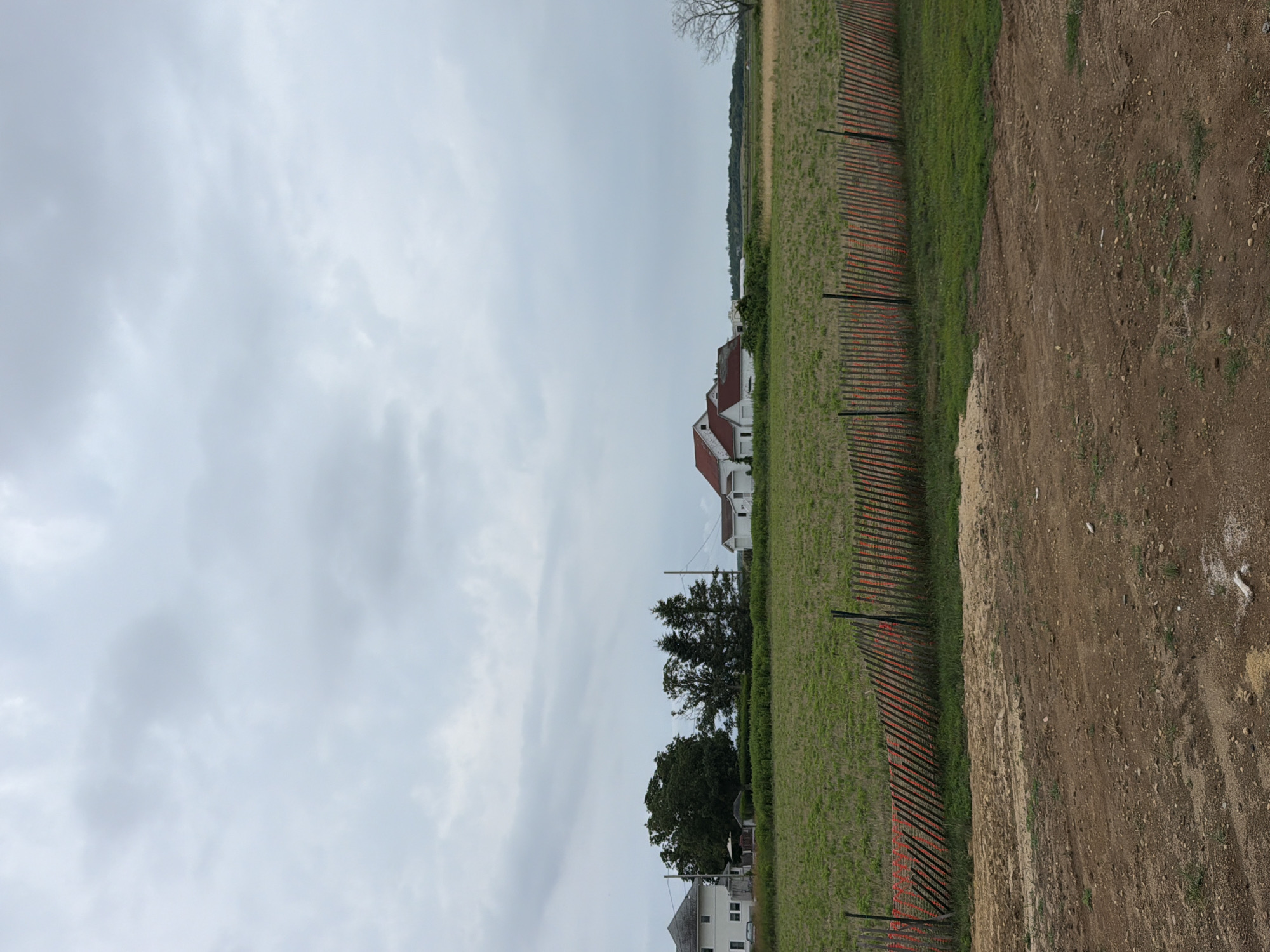 The image, taken in Mattituck, USA, depicts a landscape under a cloudy sky. The scene is divided by a fence made of thin, vertical posts with orange netting. To the left of the fence is a field of green grass. Beyond the grassy field, several houses with red roofs are visible, interspersed with trees. One house, a white structure with a prominent red roof, stands out. To the right of the fence, the ground is a mix of dirt and sand, suggesting a construction or undeveloped area. In the distance, a treeline and hints of water can be seen, along with a sliver of sky at the very top. The overall impression is a rural or semi-rural setting, possibly on the outskirts of a town, under overcast conditions. No people or specific activities are evident.