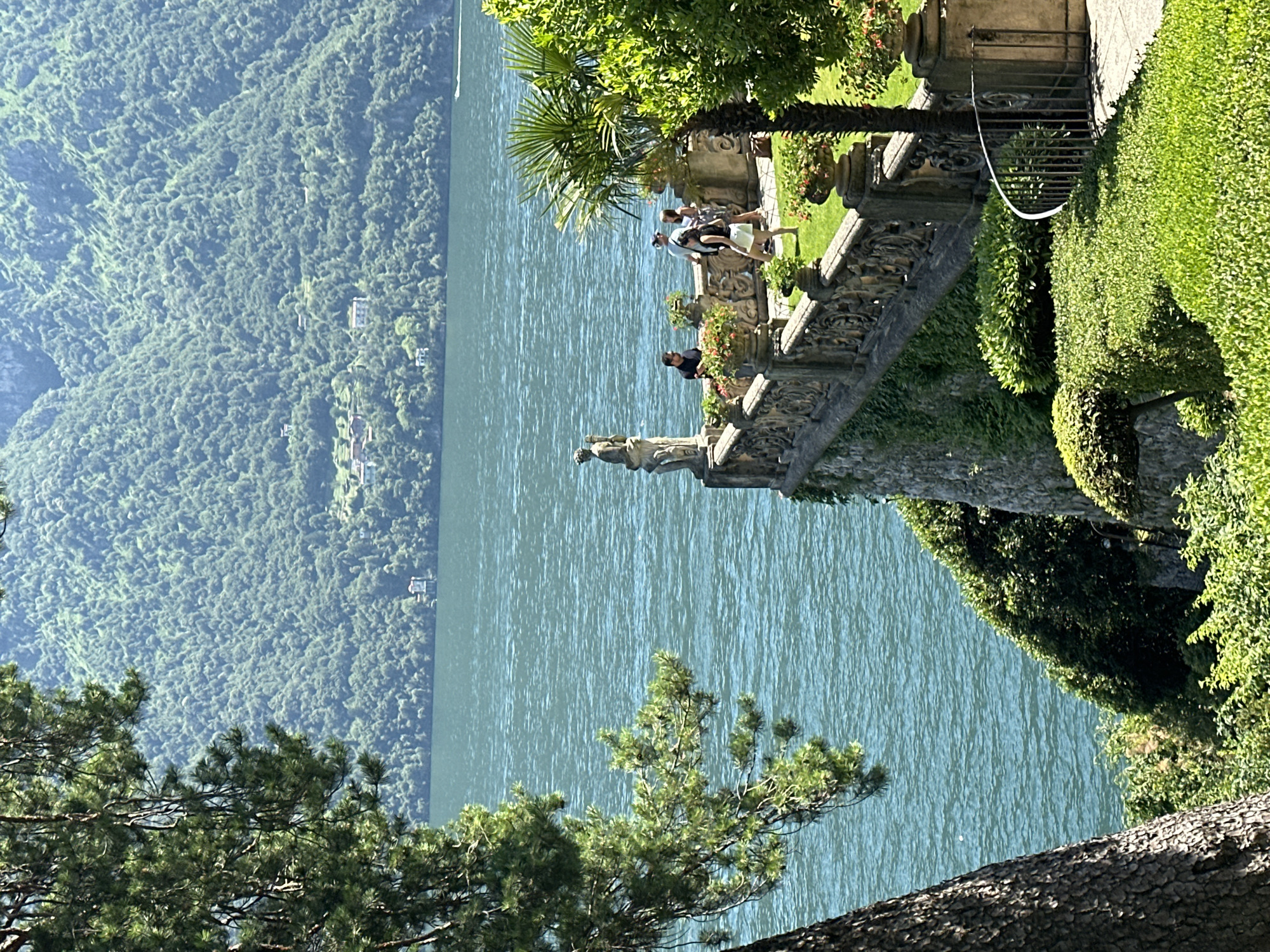 The image depicts a scenic view of Lake Como from the gardens of Villa del Balbianello in Tremezzina, Italy. In the foreground, a large pine tree on the left frames the scene, with its branches extending across the upper left quadrant. A stone balustrade with intricate carvings runs along the edge of a terrace overlooking the lake. Several potted plants with red and orange flowers are placed on the terrace, adding color to the scene.
On the terrace, a group of tourists is visible. Two men and two women are standing and conversing near the balustrade. One woman, wearing a white skirt and a black top, is walking away from the camera. A stone statue of a figure stands near the edge of the terrace, looking out at the lake. In the background, the deep blue waters of Lake Como stretch out to meet the lush green mountains that rise steeply from its shores. Several houses are scattered across the mountainside, some nestled amongst the trees. A small boat is visible on the lake in the distance, leaving a faint wake. The overall impression is one of serene beauty and classical elegance.
