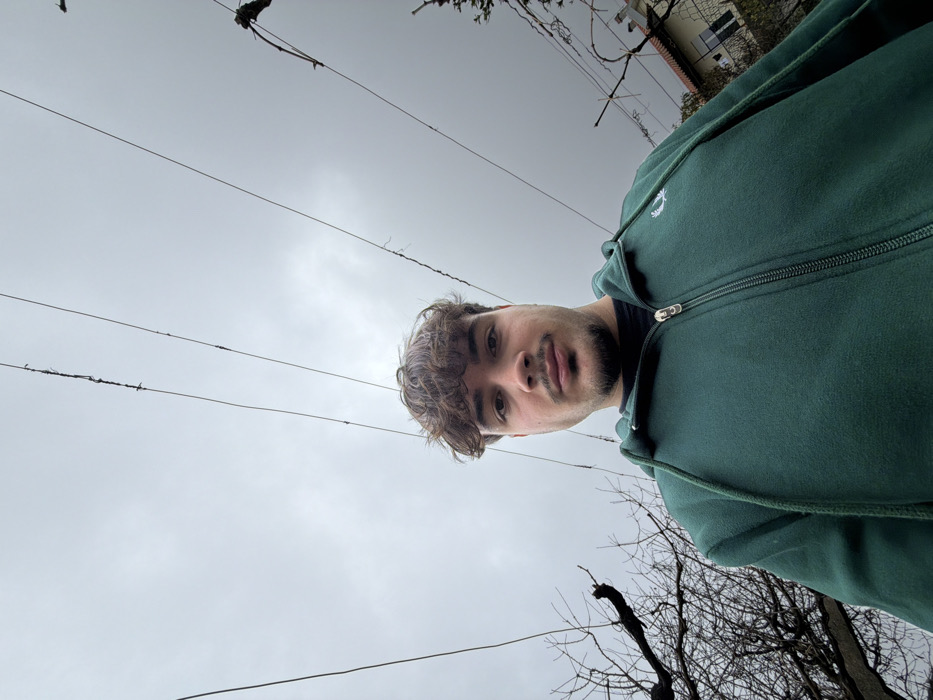 A low-angle shot in Vila Real, Portugal, depicts a young adult male looking directly at the camera under an overcast sky. The subject has dark, curly hair, a mustache, and a goatee, and is wearing a dark green zippered hooded sweatshirt with a white laurel wreath logo on the left chest, over a black t-shirt. Above and behind him, multiple thin, dark wires traverse the gray sky diagonally. Bare tree branches are visible on both the left and right edges of the frame. A portion of a light-colored building with a terracotta roof is visible in the upper right background.