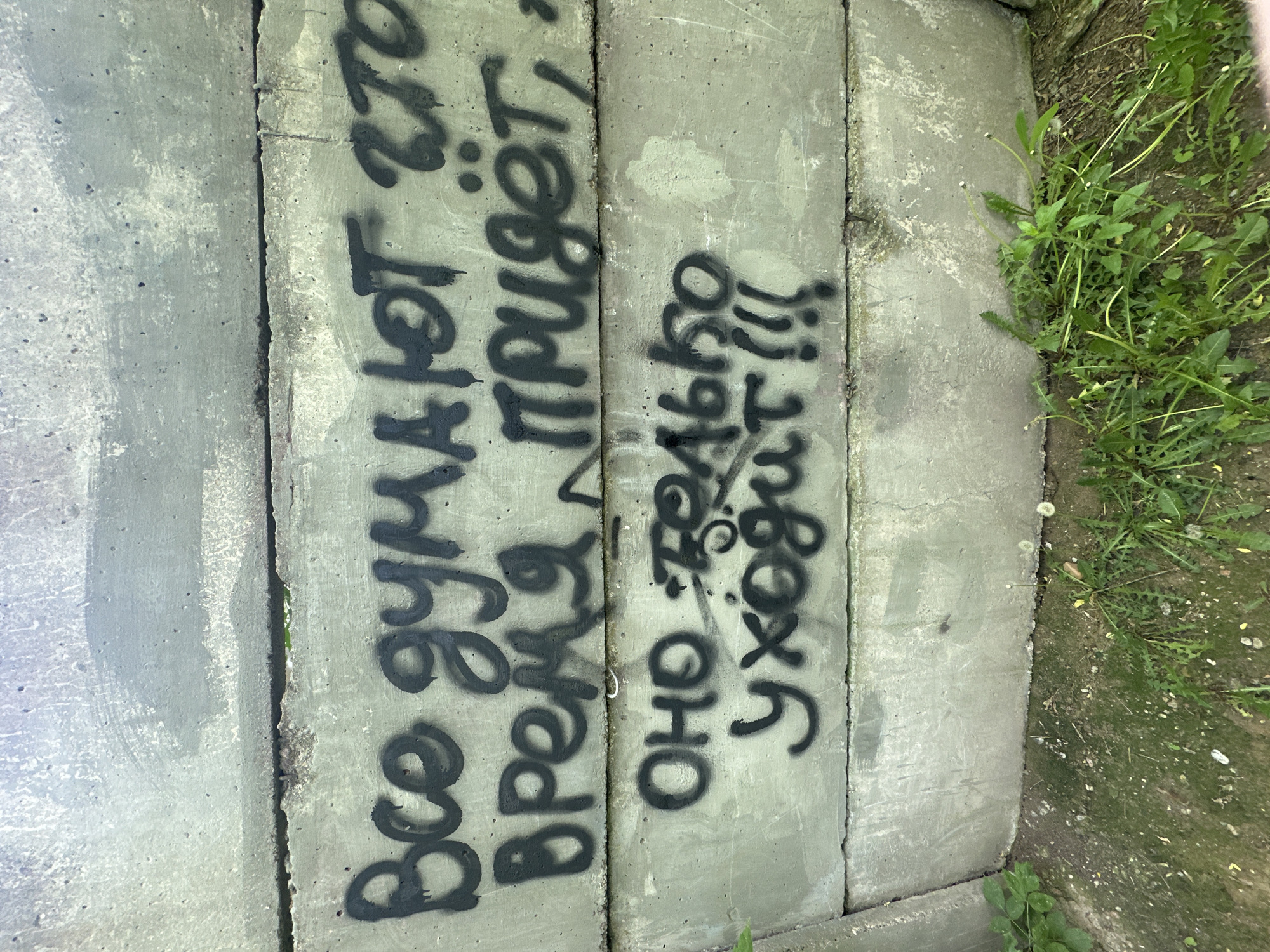 The image shows graffiti on concrete blocks, likely part of an urban structure. The graffiti, written in black spray paint, appears to be in Russian. The surrounding environment includes patches of green grass and vegetation growing along the edges of the concrete blocks. The location is Minsk, Belarus. The scene is typical of urban areas with graffiti and untamed vegetation. The main subjects are the graffiti and the concrete structure on which it is applied.
