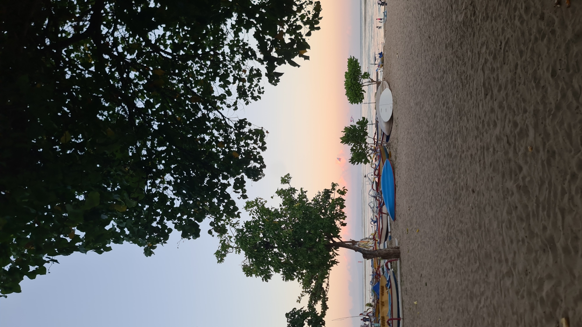 This image depicts a serene beach scene at dusk, likely in Denpasar, Indonesia, given the presence of traditional outrigger fishing boats. The foreground is dominated by sand, with the textured surface indicating recent activity or natural patterns. A line of these boats, in various colors including blue, yellow, and white, are pulled up onto the shore, suggesting they are used for fishing or transport. Two surfboards or paddleboards are propped up near the boats, hinting at recreational water activities.
In the mid-ground, several small, leafy trees provide a touch of natural greenery against the sandy backdrop. Further out, the calm ocean stretches towards the horizon. The sky is a soft gradient of pale blue, transitioning to warm pinks and oranges, indicative of a sunset or sunrise. Faint clouds are visible in the distance. A few small figures of people can be seen along the shoreline and in the water, their presence minimal and adding to the overall peaceful ambiance. The scene is framed by the dark silhouettes of leafy trees in the upper portion of the image, creating a natural border and enhancing the sense of depth. The overall atmosphere is tranquil and picturesque, capturing a moment of quiet beauty at the end of the day.