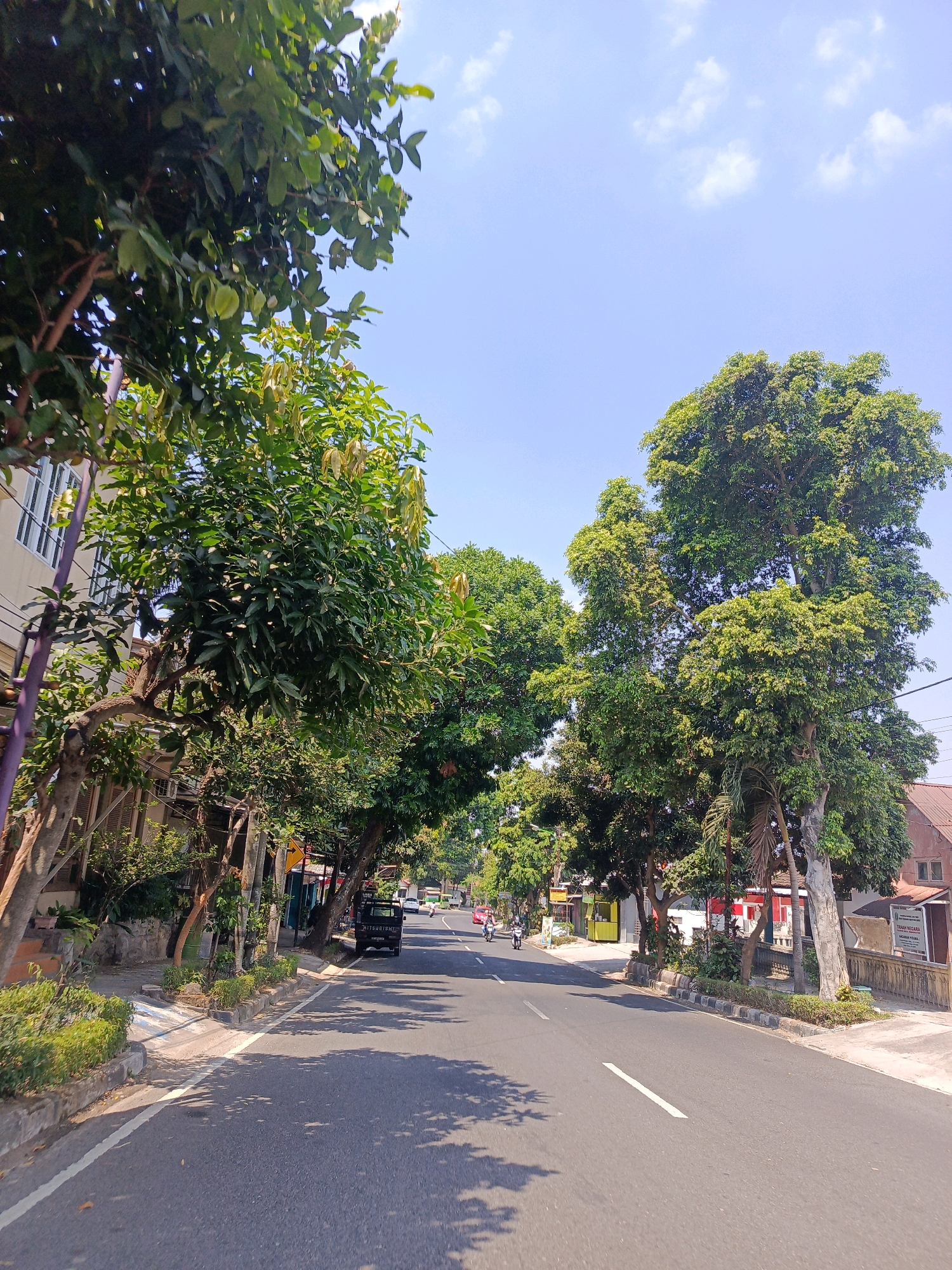 This image depicts a street scene in Magetan, Indonesia, likely during daylight hours given the bright sun and clear blue sky with scattered white clouds. The road, paved with asphalt, has a white dashed line marking its center. Lush green trees line both sides of the street, casting shadows on the road surface. On the left, a multi-story building with white-framed windows and some visible electrical wires is present. A dark-colored pickup truck is parked on the side of the road near the left tree line. Several motorcycles are visible further down the road, some with riders. The right side of the street features more trees, some buildings with red roofs, and a sign that appears to be in Indonesian, possibly indicating a public or official space. The overall impression is of a moderately busy urban or suburban street with significant greenery.