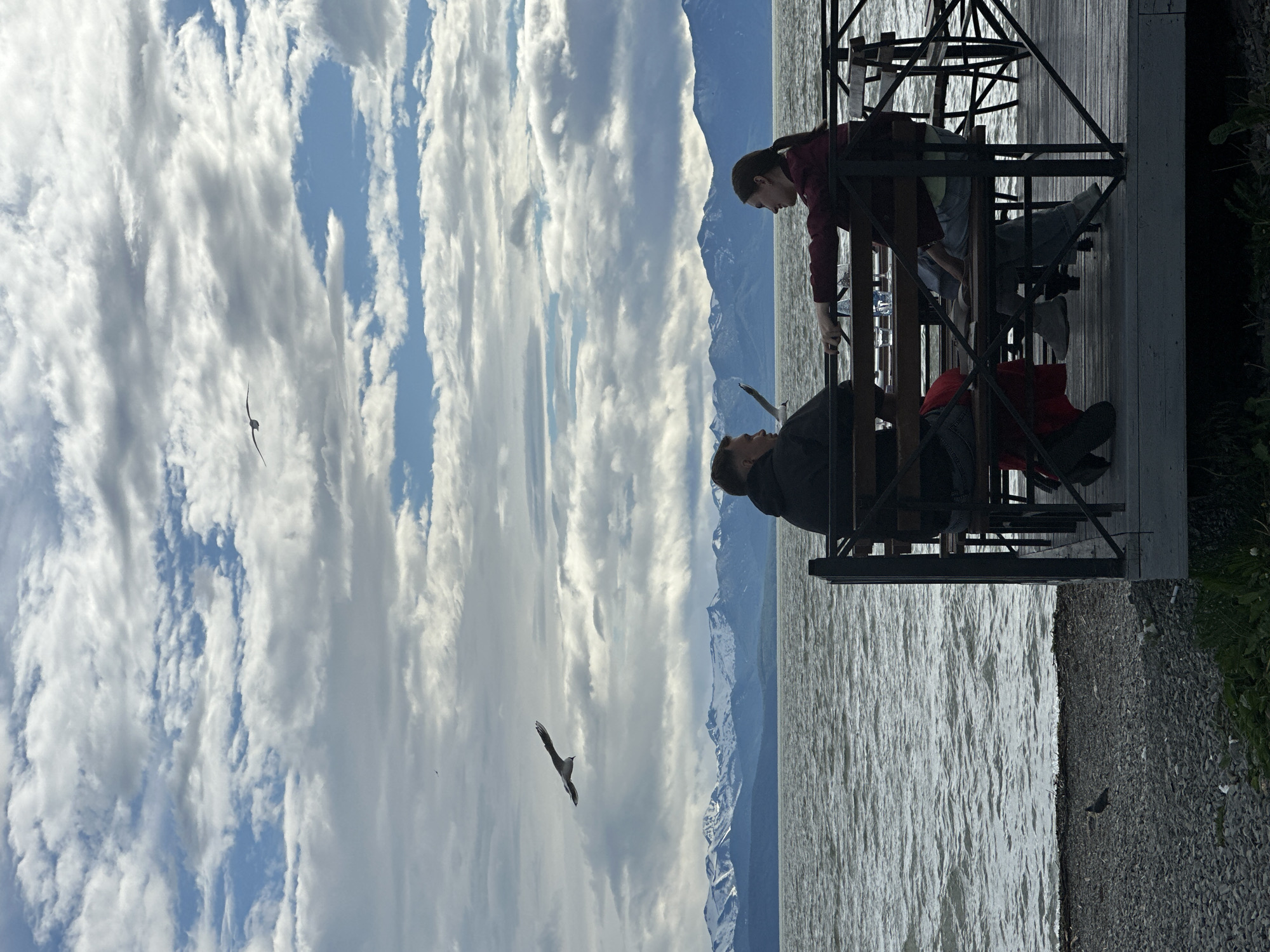 Two people, a man and a woman, are seated at a wooden picnic table on a raised deck overlooking a body of water. The man, on the left, is wearing a dark jacket and jeans. The woman, on the right, is wearing a maroon hooded jacket and light-colored pants. They appear to be facing each other and engaged in conversation. Several glasses of water are on the table between them. A red garment is draped over the back of the bench on the man's side. The deck has a black metal railing. Beyond the deck, the water is choppy under a cloudy sky. In the distance, snow-capped mountains form a picturesque backdrop. Several birds are visible in the sky, with one in mid-flight over the water. The shore in the foreground is covered with dark gray pebbles, and some green vegetation is present. The scene is likely from a waterfront area in Petropavlovsk-Kamchatsky, Russia, given the distinctive mountainous landscape and proximity to water.