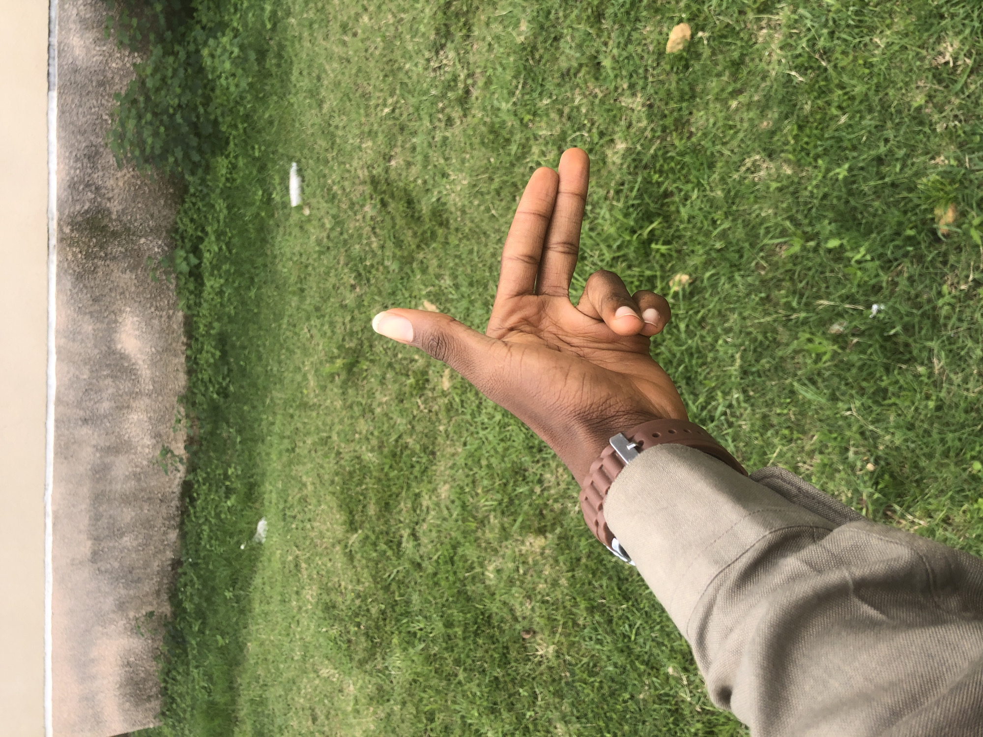 A close-up shot focuses on a person's hand and forearm against a backdrop of green grass. The hand is positioned to form the letter 'L' with the index and middle fingers extended upwards, while the thumb and other fingers are partially curled. The skin tone suggests the individual is of African descent. The person is wearing a wristwatch with a brown band and a silver buckle on their wrist. They are also wearing a light-colored jacket or shirt. The background consists of lush green grass, possibly a lawn or a park, with some scattered leaves or debris. In the upper left corner, a concrete or paved area is visible, separated from the grass by a thin white line. The lighting and the lushness of the grass suggest it might be daytime with good weather. The image is taken from a perspective that looks down onto the hand. The scene appears to be outdoors in a natural setting.