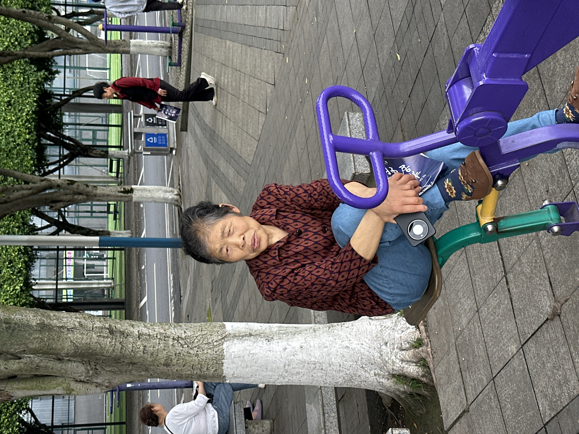An elderly Chinese woman is sitting on a piece of outdoor exercise equipment on a paved surface. The equipment is purple and green, with a circular handlebar. The woman is wearing a maroon patterned shirt, blue jeans, and brown shoes with floral socks. She is holding a black smartphone. There are trees surrounding the area, some of which have white paint on their trunks. In the background, there are other people walking and a street scene with buildings. The location is Jiangjin, China.