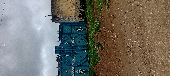 A blue metal gate stands against a weathered, yellow-toned wall. The gate has decorative flourishes and the words "FOUNDED 1970", "S.H. GROUP" displayed on it. Overcast sky above. Dirt path with vegetation is on the right side.