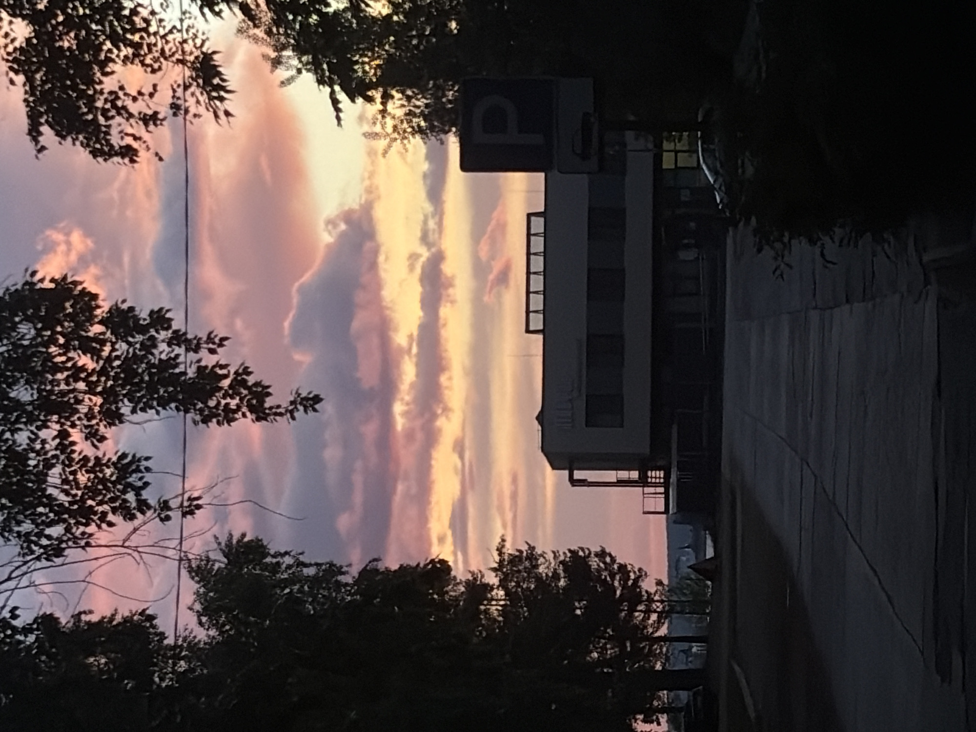 The image depicts a street scene at dusk in an urban area. The sky is filled with pink and orange clouds. Silhouetted trees frame the upper and lower portions of the image. A building with a "P" parking sign stands next to the road. The location is the city of Unknown, Unknown.