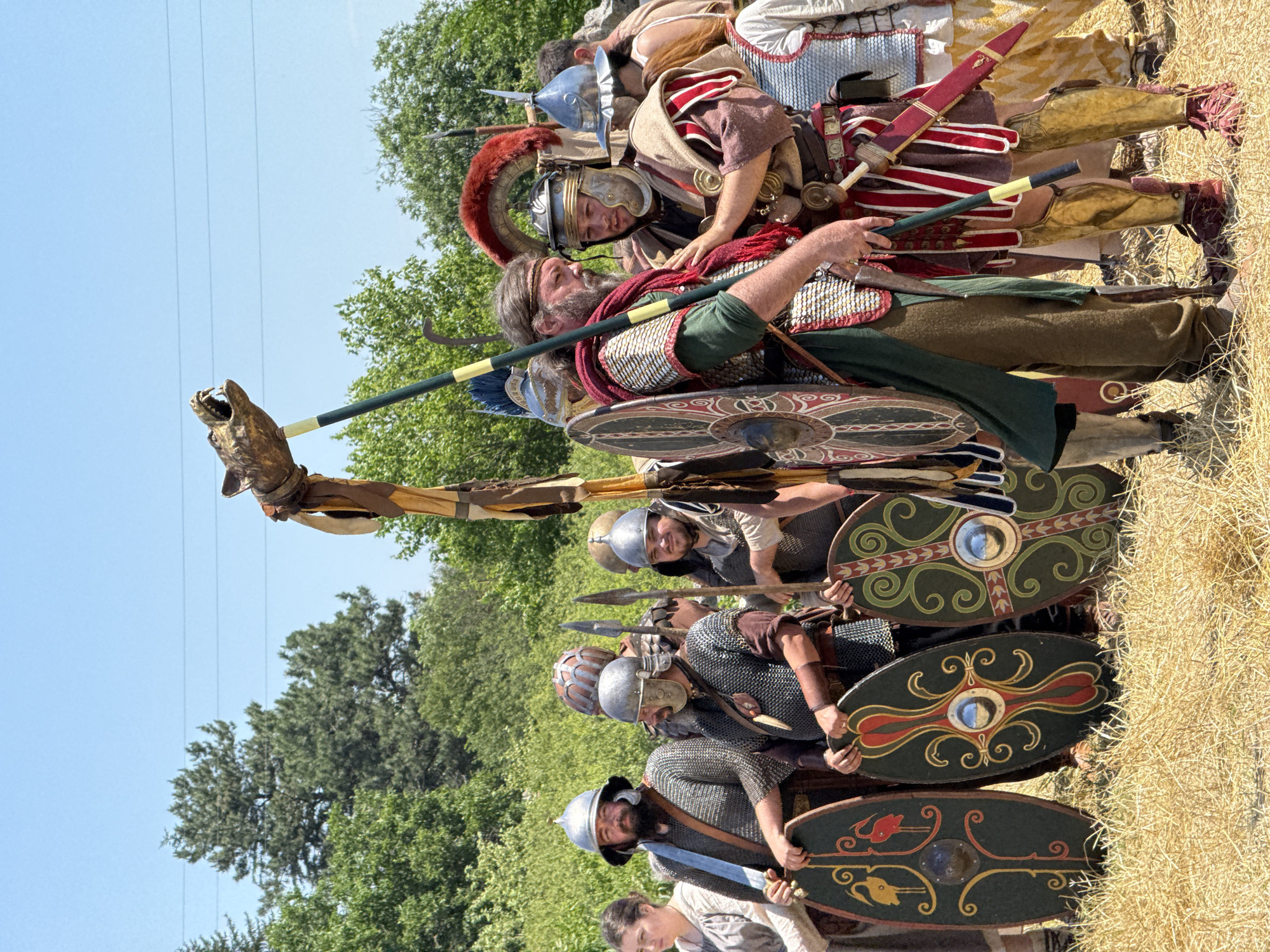 This image captures a group of approximately ten individuals, primarily men, in historical attire, likely reenactors, standing in a dry, golden-brown grassy field under a clear blue sky in Gigen, Bulgaria. In the background, a dense line of green deciduous and coniferous trees is visible, with faint power lines stretching across the upper portion of the sky.
The figures are arranged in a loose formation, facing generally towards the viewer's right. On the far left, a woman in a light-colored tunic looks towards the right. Next to her, a man with a beard and a domed helmet wears chainmail and holds an oval, dark green shield decorated with yellow and red bird designs. To his right, another bearded man in chainmail and a galea-style helmet holds a similar oval shield featuring a red and yellow abstract pattern.
The central focus includes two men interacting. The man on the left, with long hair and a beard, wears a green tunic, chainmail, and a red sash or cloak, and holds a tall standard topped with a metallic, open-mouthed wolf or canine head, adorned with brown and yellow fabric streamers. His left hand rests on the right shoulder of the man to his right. This second man wears a segmented helmet (galea), segmented arm and shoulder armor, a red and white striped tunic/skirt, bronze leg greaves, and red sandals; a sword in a red scabbard hangs from his belt. He is looking towards the man holding the standard.
Several other men are partially visible behind and to the right of the central figures, all in similar period-appropriate helmets, armor (primarily chainmail), and clothing. One man on the far right holds an oval, dark green shield with a green and red vine-like symmetrical design. Spears are held upright by several individuals within the group. The lighting suggests a bright, sunny day.