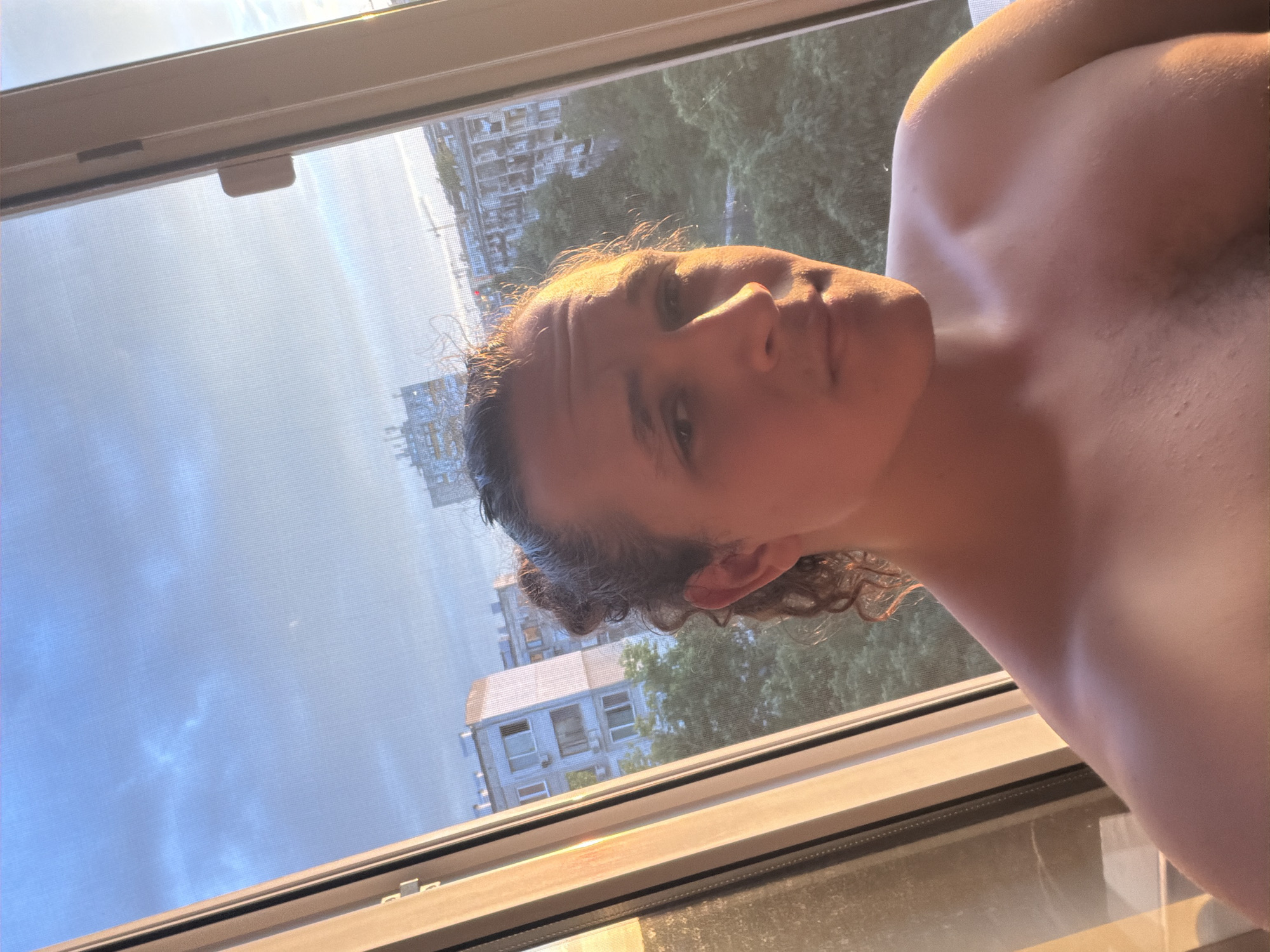 The image captures a person's upper body in a close-up selfie taken by a window. The subject has medium-length, dark curly hair and light skin, which is illuminated by warm, golden sunlight that creates strong highlights on their hair, forehead, and bare shoulders. They are looking directly at the camera with a neutral expression.
Through the window, a fine mesh screen is visible, behind which lies an urban or suburban landscape in Plovdiv, Bulgaria. This outdoor scene features several multi-story apartment buildings of varying architectural styles, interspersed with green trees and foliage. The sky is bright with scattered clouds, suggesting the photo was taken during either early morning or late afternoon, characterized by golden hour lighting. The light-colored window frame runs diagonally across the top and bottom of the image, indicating a tilted photographic perspective. No visible text is present.