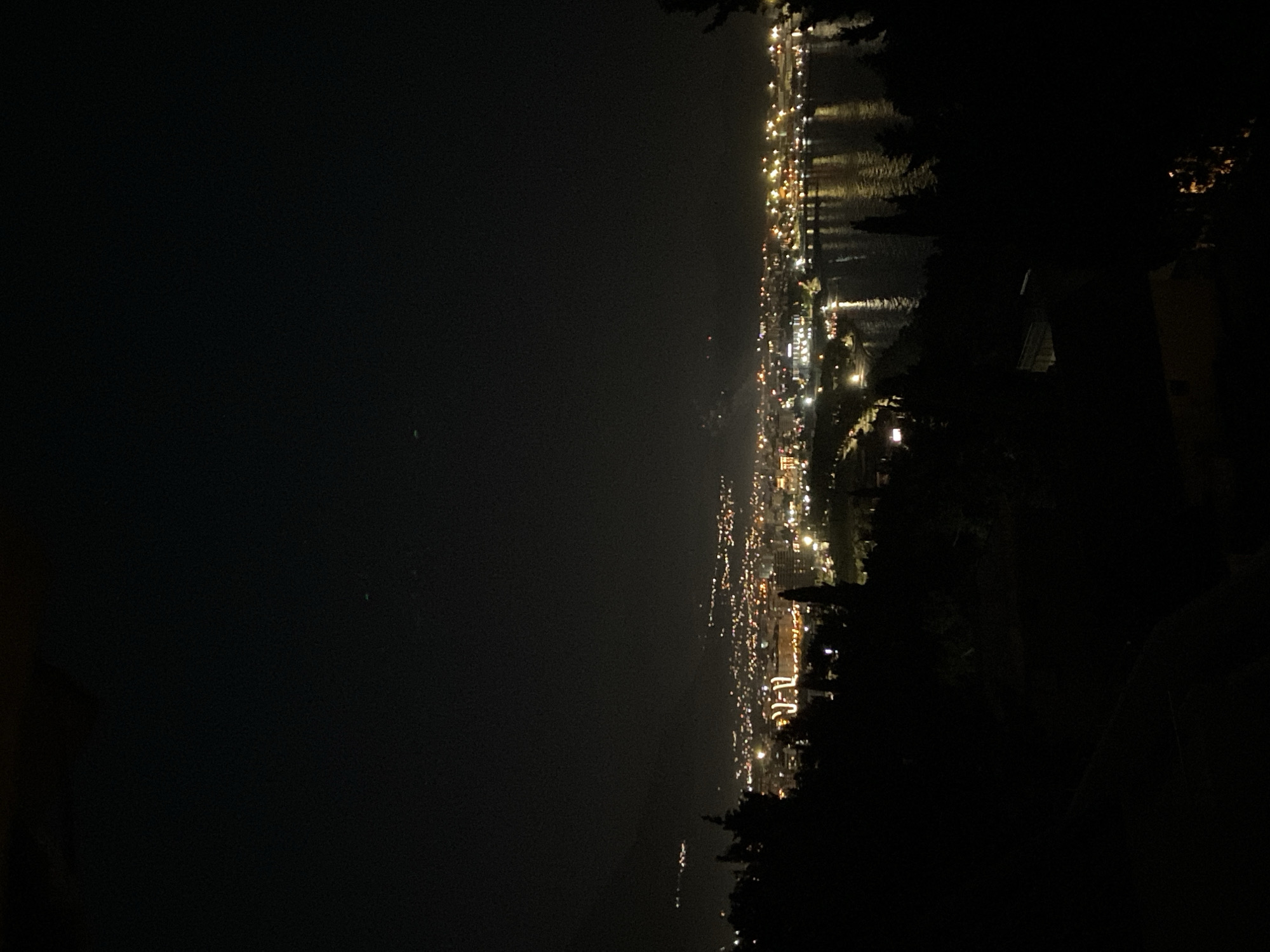 The image shows a nighttime view of the city of Šušanj, Montenegro. The city lights stretch along the coastline, reflecting in the water. The foreground is dark, with tree silhouettes and a building visible on the right side. The sky is a dark gradient, fading from black to a slightly lighter shade above the city. No people or actions are visible.