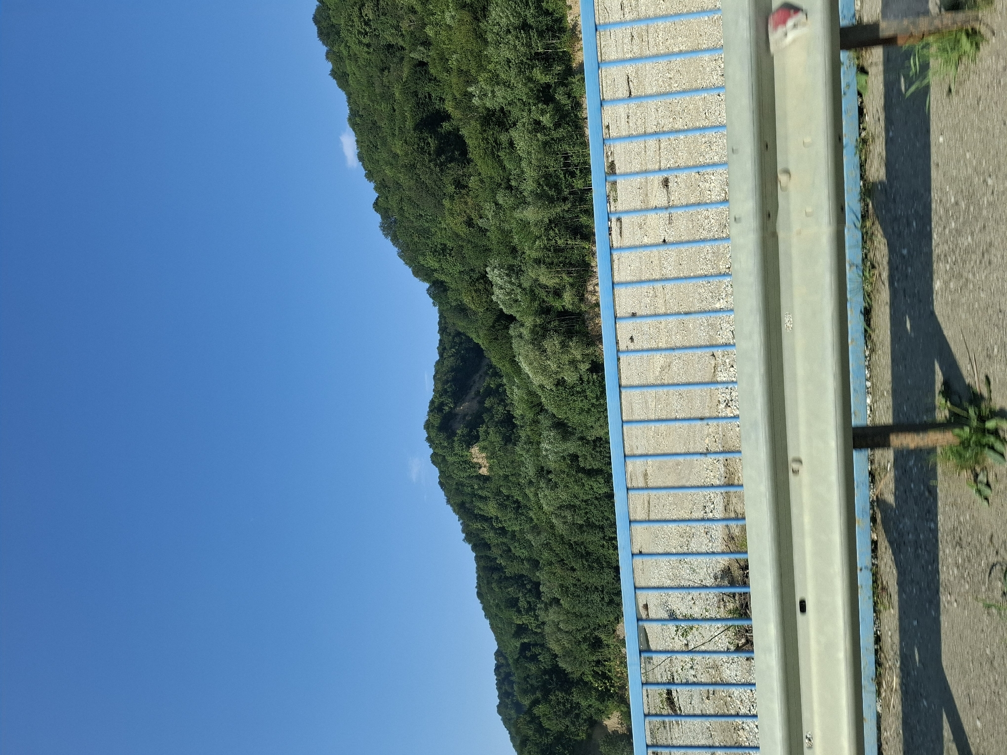 This is a wide-angle, eye-level shot of a rural scene near Tsa-Vedeno, Russia, on a clear, sunny day. In the foreground, a metal guardrail runs horizontally across the frame, casting a shadow on the asphalt road below. Behind the guardrail, a blue metal fence is visible. Beyond the fence, a dry riverbed is filled with light-colored gravel and scattered debris. The middle ground is dominated by a lush green, tree-covered mountain slope that rises steeply. The mountain is densely forested with various shades of green foliage, and patches of exposed earth are visible in some areas. The sky is a vibrant, clear blue with a few wisps of white clouds in the upper right quadrant. There are no people or animals visible in the image.