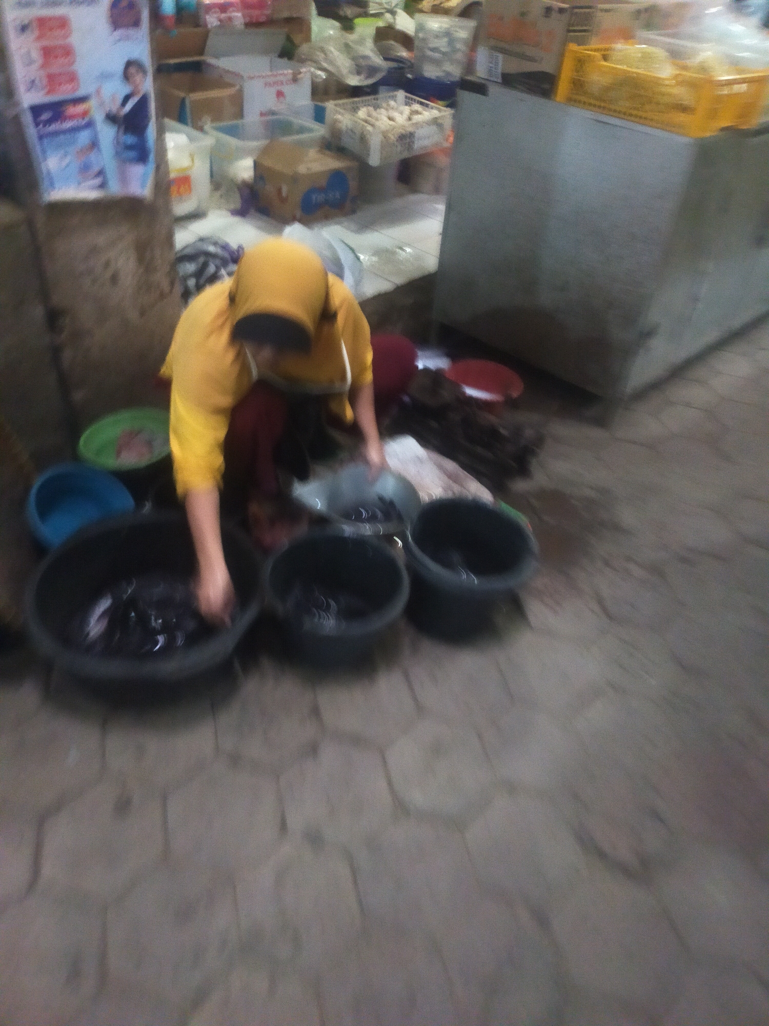 A person wearing a yellow hooded jacket is kneeling beside several buckets filled with fish. The person's hands are in one of the buckets, appearing to sort through the fish. The scene is outdoors, likely in a market, as suggested by the presence of various goods in the background, including boxes, baskets, and what appears to be a refrigerator or freezer unit. The ground is paved with what looks like cobblestones or large tiles. The location is identified as Trayeman, Indonesia.