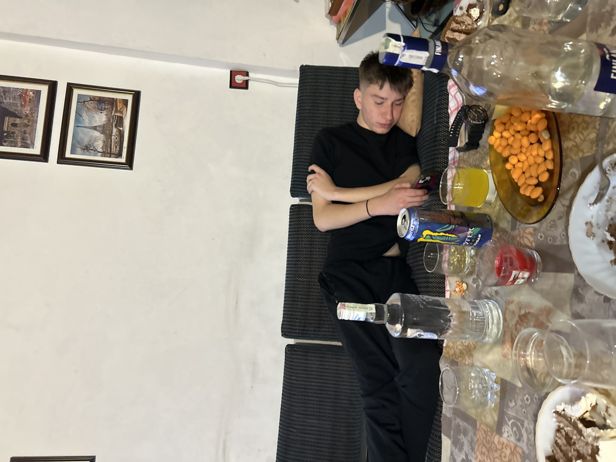 A young man sits in a grey, vertically-slatted chair in an indoor setting. He wears black clothing and is looking at a mobile phone. A table to his right is covered with items: an empty Finlandia vodka bottle, a plate of orange-colored snacks, a full glass of yellow liquid, a Monster Energy can, glasses, and a piece of chocolate cake. On the wall to the left, there are two framed pictures, and an electrical outlet.
There is no information that indicates this is in Panagyurishte, Bulgaria.