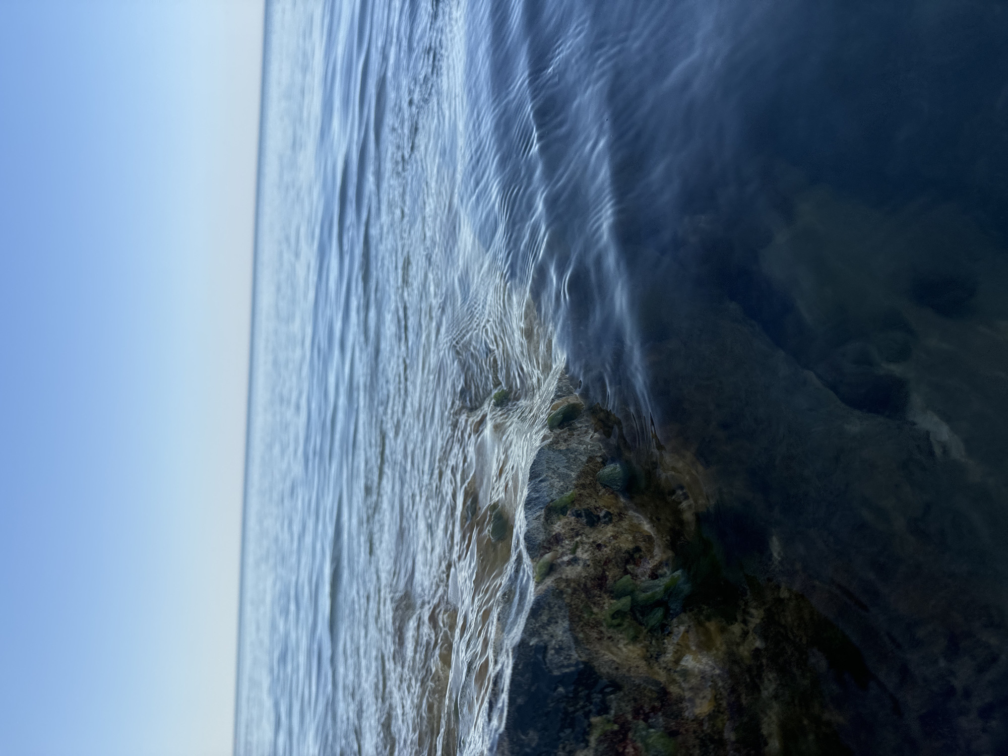 The image depicts a close-up view of the Caspian Sea's shoreline in Aktau, Kazakhstan. A large rock, partially submerged and covered with green algae, juts out into the water. The clear, blue water gently laps against the rock, creating small ripples. The horizon is visible in the distance, where the sea meets a clear blue sky. The overall impression is one of a serene and natural coastal environment.