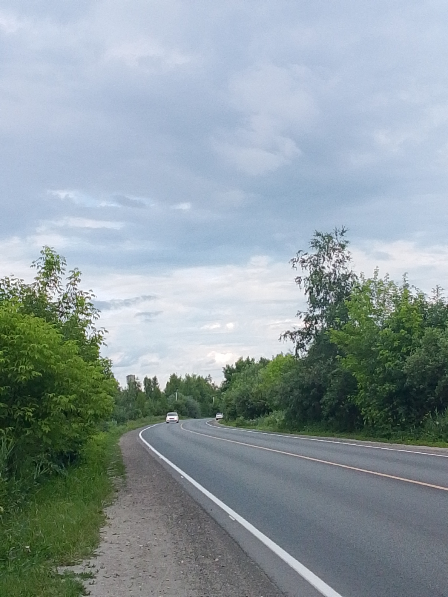 The image depicts a two-lane asphalt road curving to the left, bordered by lush green trees and vegetation on both sides. The sky is overcast with a mix of light and dark clouds. Two white cars are visible on the road; one in the distance on the right lane, and another closer on the left lane. The road has a white line marking the edge and a yellow line dividing the lanes. The environment appears to be a rural or semi-rural area, possibly on the outskirts of the city of Снопок Новый, Russia, given the natural landscape. The lighting suggests it is daytime, possibly late afternoon or early morning due to the subdued light. There are no people visible in the image.