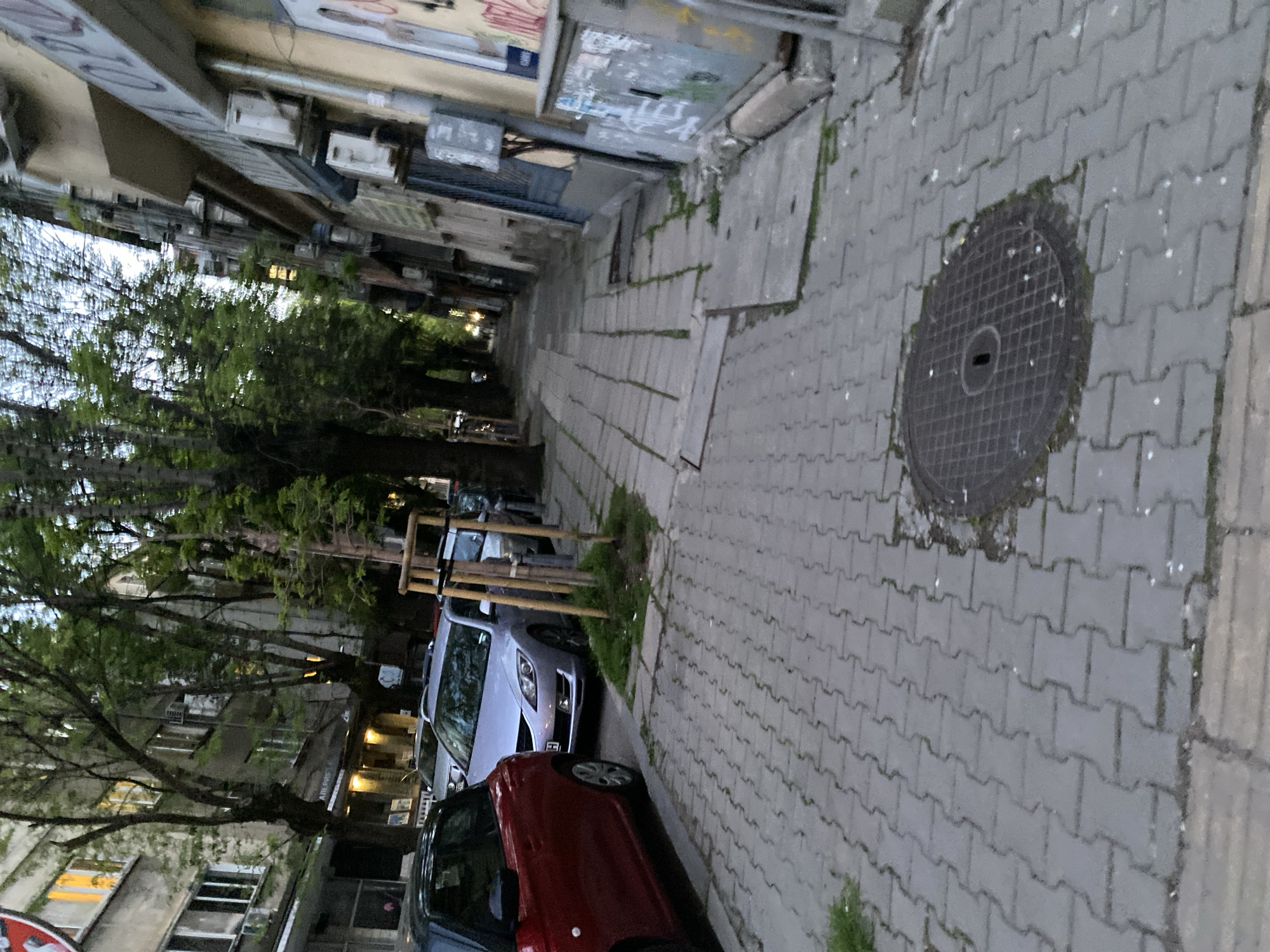 The image depicts a street scene in Sofia, Bulgaria. A narrow, paved sidewalk runs along the right side of the frame, with a manhole cover visible on the pavement. Parked cars line the left side of the street, including a red and a silver car. Trees are present along the street, obscuring some of the buildings in the background. The buildings are a mix of residential and commercial structures, with visible windows and signage. The light suggests it is either early morning or late afternoon. The overall atmosphere is urban and slightly gritty.