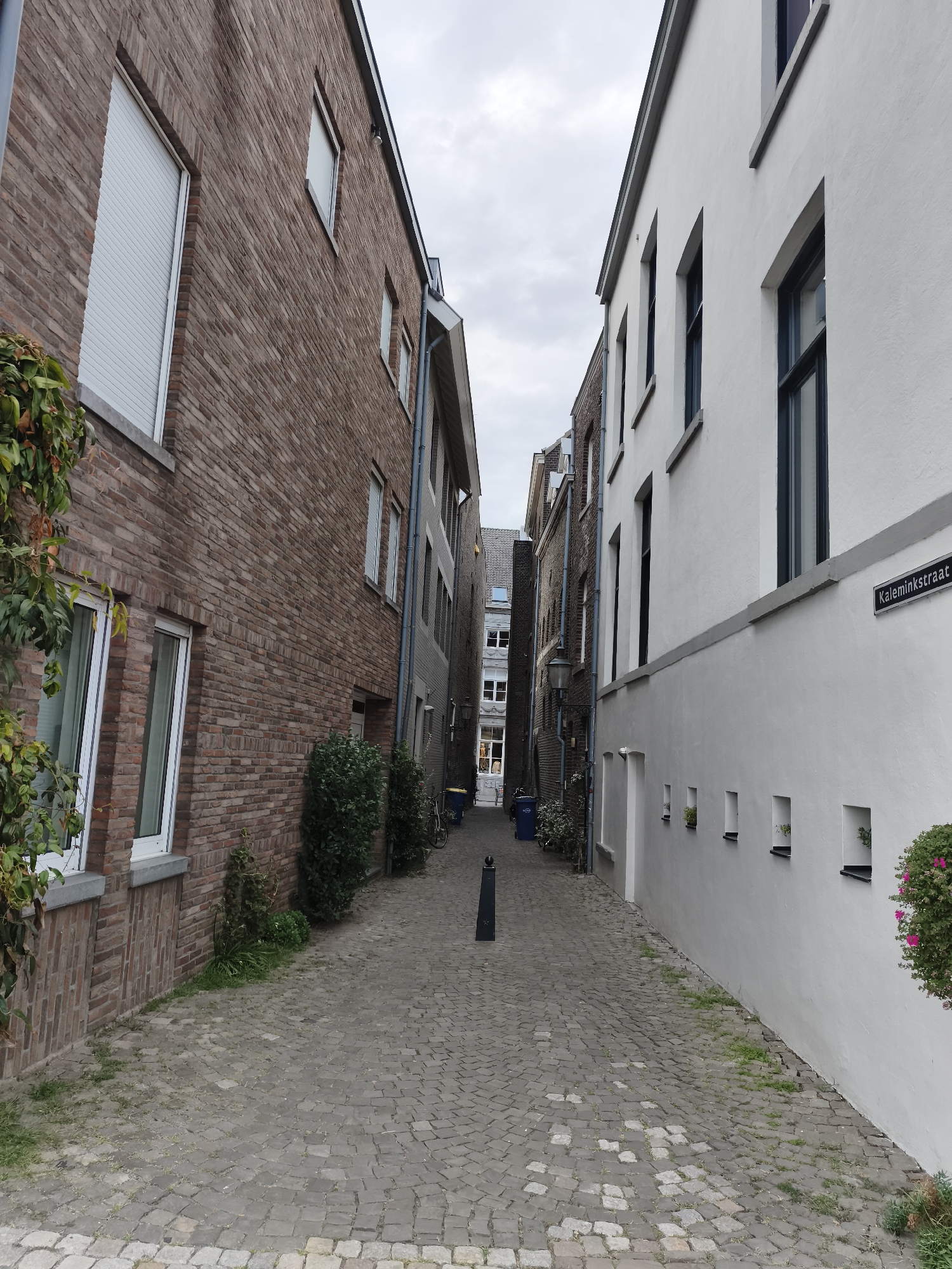 The image depicts a narrow cobblestone alleyway in Maastricht, Netherlands, bordered by buildings on either side. On the left, a building constructed of dark red brick features windows with white roller shutters and some greenery growing on its exterior. To the right, a stark white building has multiple windows with dark frames and a street sign that reads "Kaleminkstraat". The alley is paved with grey cobblestones, and a black bollard stands in the center of the pathway. In the distance, more buildings are visible, creating a sense of depth and suggesting an urban environment. The sky above is overcast. There are no people or animals visible in the scene.