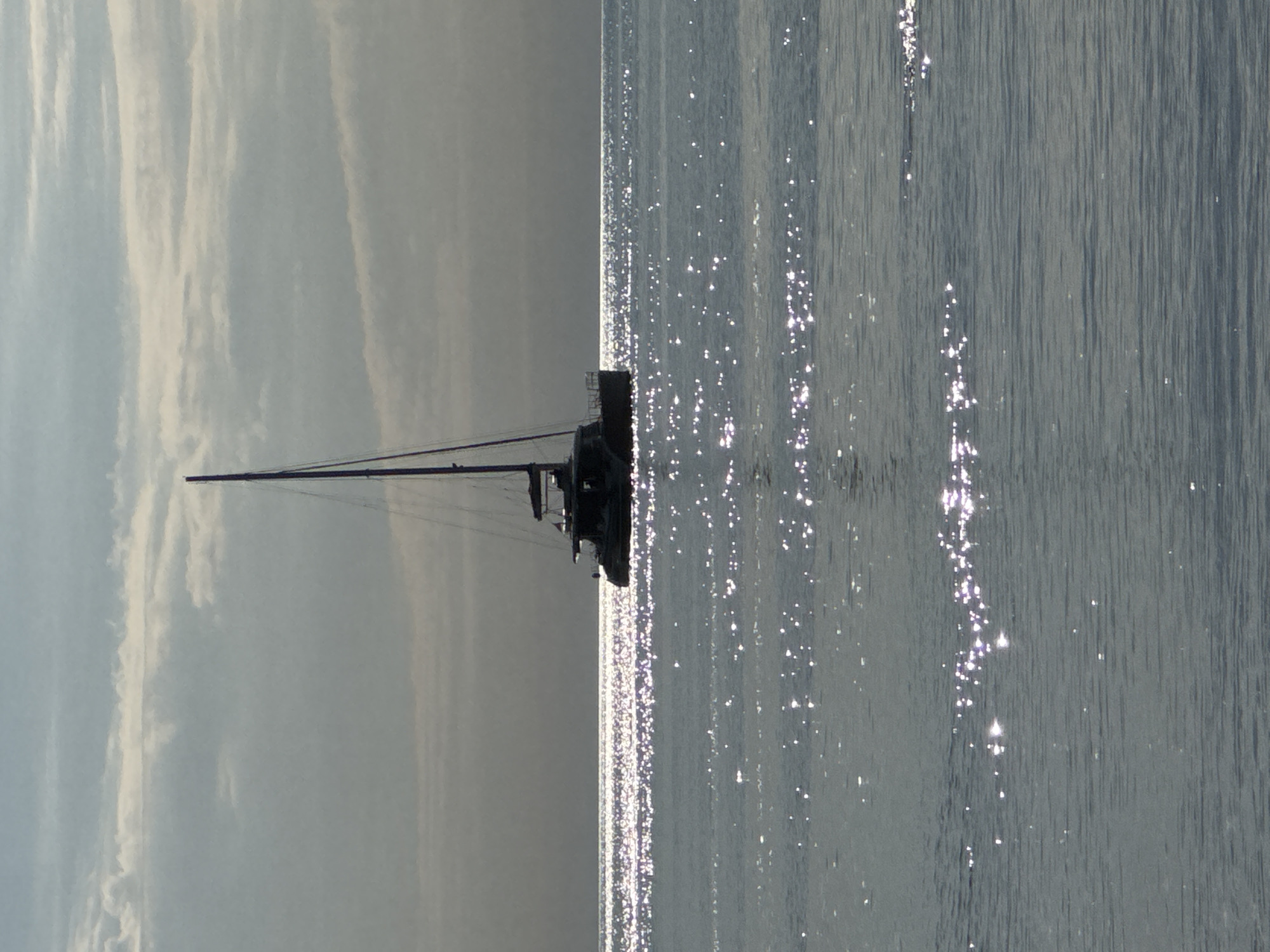 The image depicts a tranquil waterscape featuring a lone sailboat against a sky dotted with clouds, likely captured in Divnomorskoe, Russia. The horizon line runs horizontally across the frame, with the sky occupying the upper portion and a body of water below.
A sailboat is positioned near the center, appearing as a dark silhouette against the brighter sky and water. Its tall mast and intricate rigging are clearly visible, rising vertically from the hull, a portion of which is also discernible. The boat seems to be floating calmly on the water.
The water surface is a prominent feature, characterized by numerous sparkling reflections from the sun. These glints create a shimmering effect, indicating a bright day, possibly morning or late afternoon, with calm or gently rippling water. The water's color is a muted grey-blue, reflecting the sky's light.
The sky above is light blue-grey, adorned with long, wispy white clouds that stretch horizontally across the frame. These clouds suggest fair weather conditions. The overall lighting is soft but bright, contributing to the serene atmosphere. No people or visible text are present in the image. The scene evokes a feeling of peace and natural beauty.