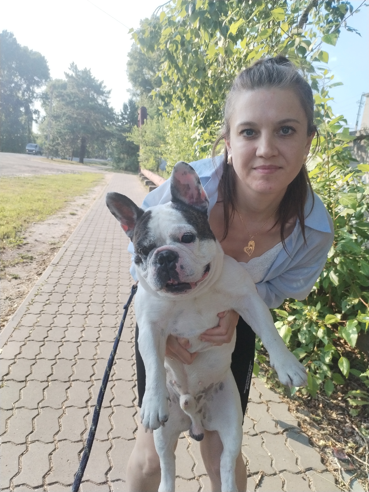 In the city of Unknown, Unknown, a woman holds a black and white French bulldog. The woman, with her hair pulled back, wears a light blue collared shirt over a white top and a gold necklace. She is on a paved walkway, surrounded by greenery and trees. In the background, a road is visible with a car driving on it. The dog, held in her arms, looks at the camera with its tongue slightly out.