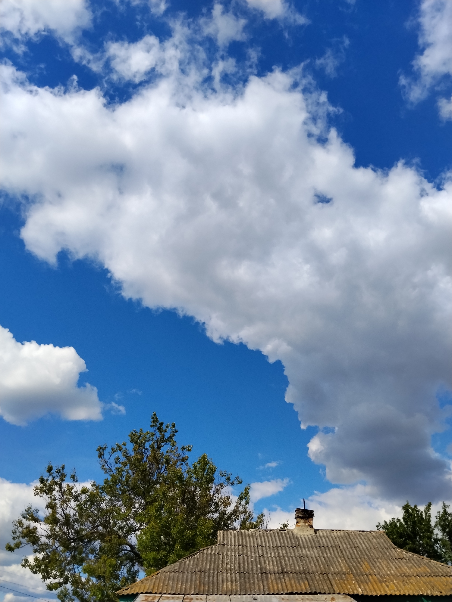 The image shows a section of a building with a gray, corrugated roof and a brick chimney. Some green trees and vegetation are visible behind and to the sides of the building. The sky is predominantly blue with scattered white clouds. The photo was likely taken in Ustyvytsia, Ukraine.