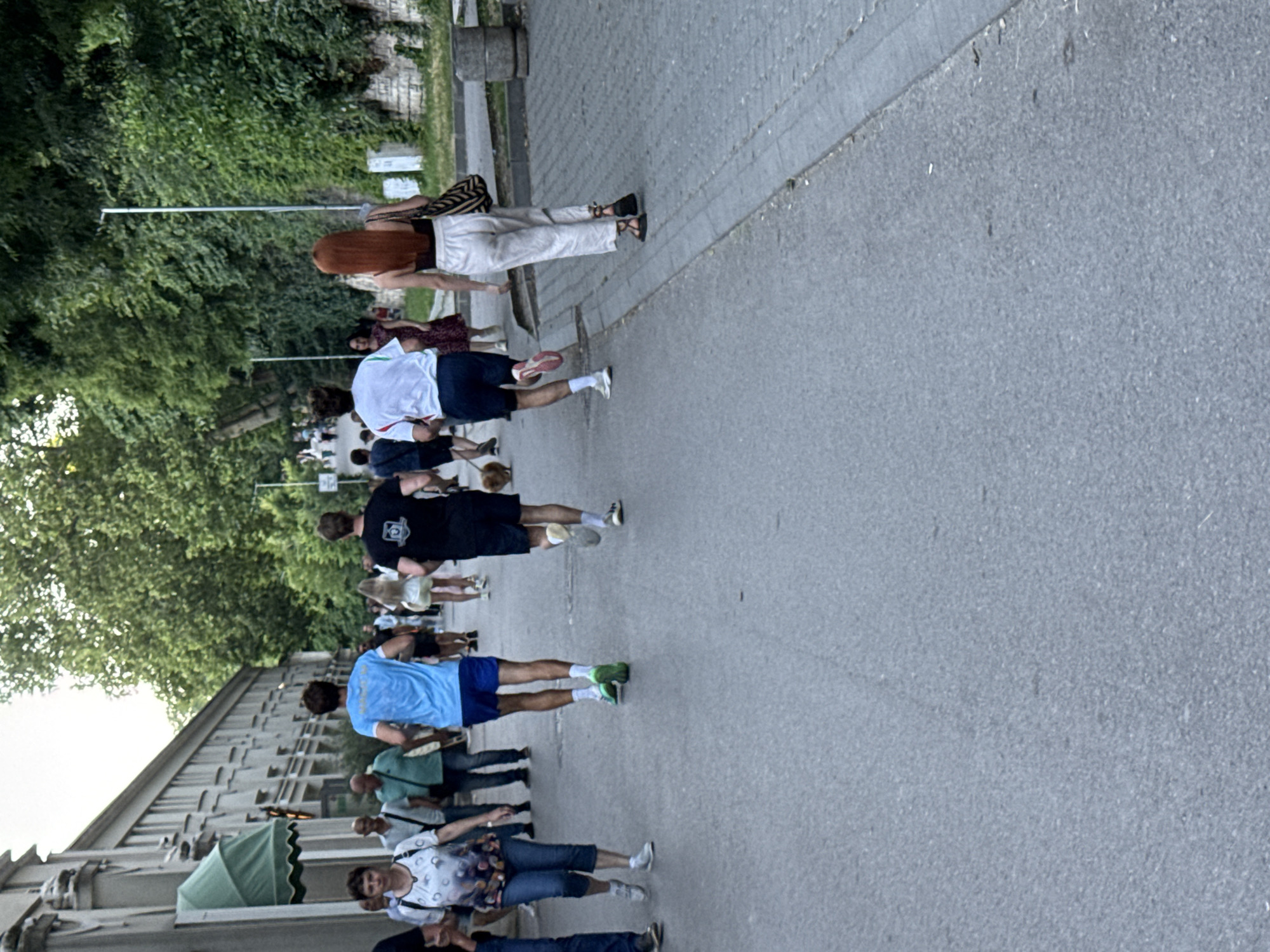 In an outdoor urban setting with a paved walkway and an adjacent sidewalk, several individuals are depicted. A woman in a white patterned shirt and blue capri jeans walks towards the left of the frame. Beside her, a man in a teal shirt and dark pants also walks left. Further back, a man in a bright blue t-shirt and blue shorts runs ahead. To his right, a man in a black t-shirt and dark shorts runs, followed by a small dog on a leash. A woman with long red hair, wearing a black top and white pants, walks away from the viewer. A building with a green awning is visible on the left side of the image, and lush green trees line the right side. The sky above is overcast.