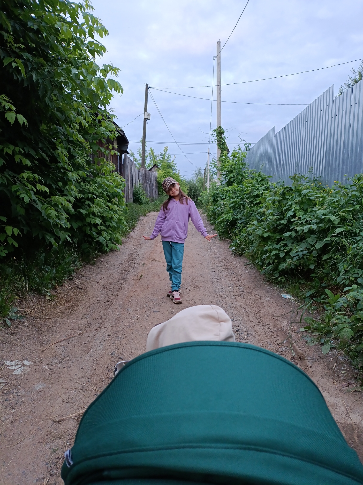 A young girl in a purple hoodie and blue pants stands on a dirt path lined with lush green foliage on either side. The path is narrow and appears to be in a rural or suburban area. A corrugated metal fence runs along the right side of the path, while a wooden fence and some buildings are visible on the left. The sky is overcast. The girl is looking at the camera with her arms outstretched. The foreground of the image is dominated by the back of a stroller, indicating the photo was taken from the perspective of someone pushing it. The scene is likely located in the city of Chaikovsky, Russia, given the context.