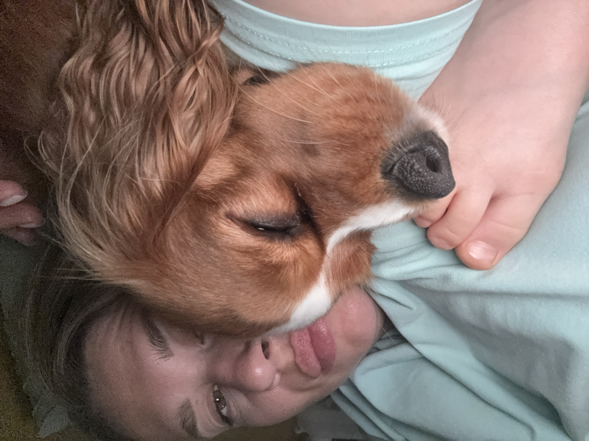 A close-up, overhead shot shows a person and a dog in a resting position. The person's face is partially visible in the upper right, with their eyes closed and lips parted. A dog's head is in the foreground, resting on the person's chest and neck. The dog's eyes are also closed, and its fur is a mix of brown and white. A person's foot is visible on the left side of the frame, positioned near the dog's head. The scene appears to be indoors, with soft lighting. There is no information to suggest the location is Veliky Novgorod, Russia.