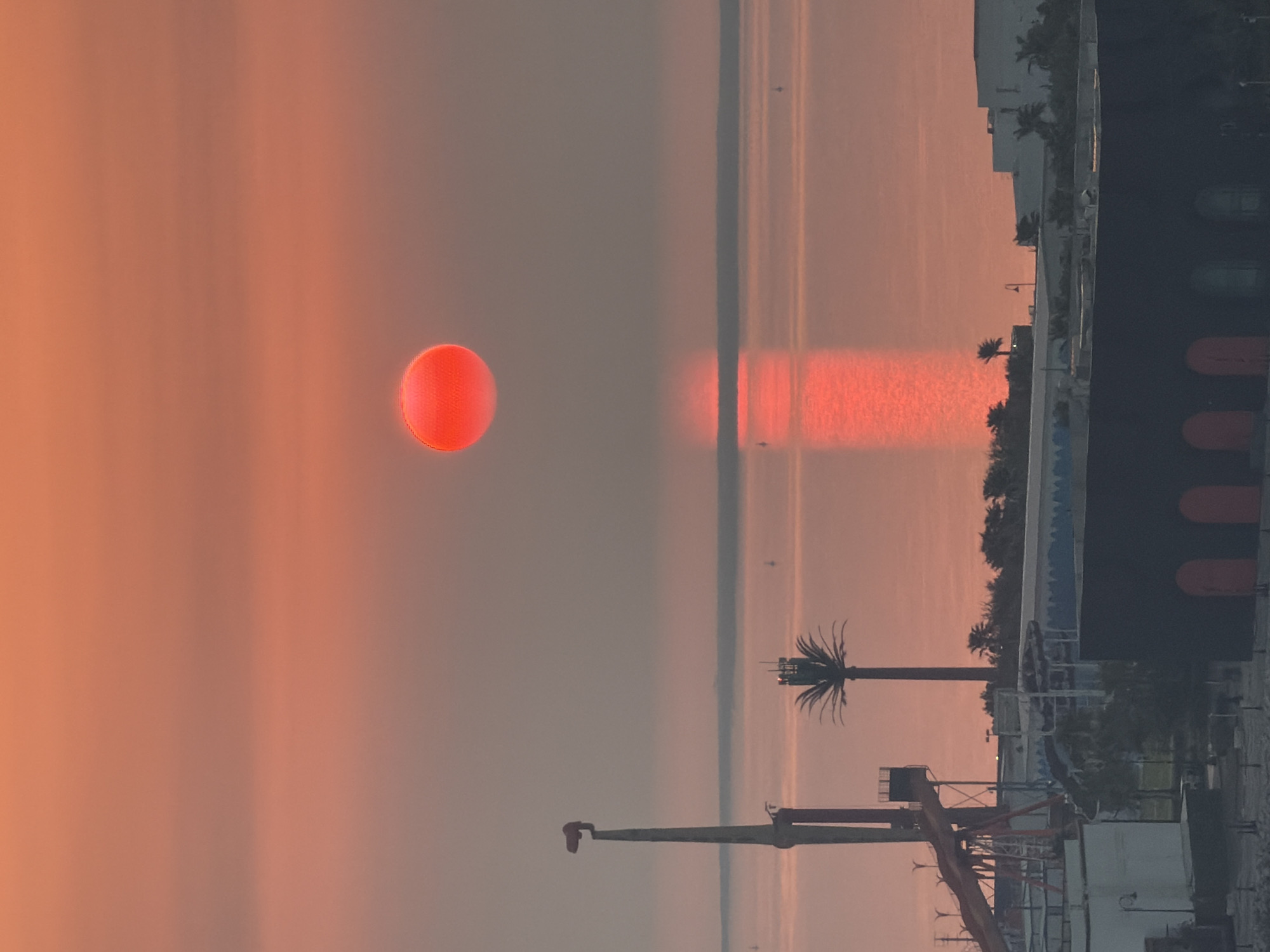 This is a vertical, medium shot of a sunrise over the ocean in an unknown city. The sun, a vibrant red sphere, is positioned in the upper center of the frame, casting a shimmering reflection on the calm water below. In the foreground, silhouetted structures rise against the soft hues of the sky and sea. To the left, a tall, gray pylon-like structure with a red object at its apex dominates the mid-ground. To its right, a slender palm tree stands tall, topped with a structure resembling a communication tower. Further to the right, industrial buildings with a dark, curved facade and arched entrances are visible, alongside some lighter-colored structures and smaller palm trees. The overall atmosphere is serene, with the warm colors of the sunrise creating a tranquil ambiance.