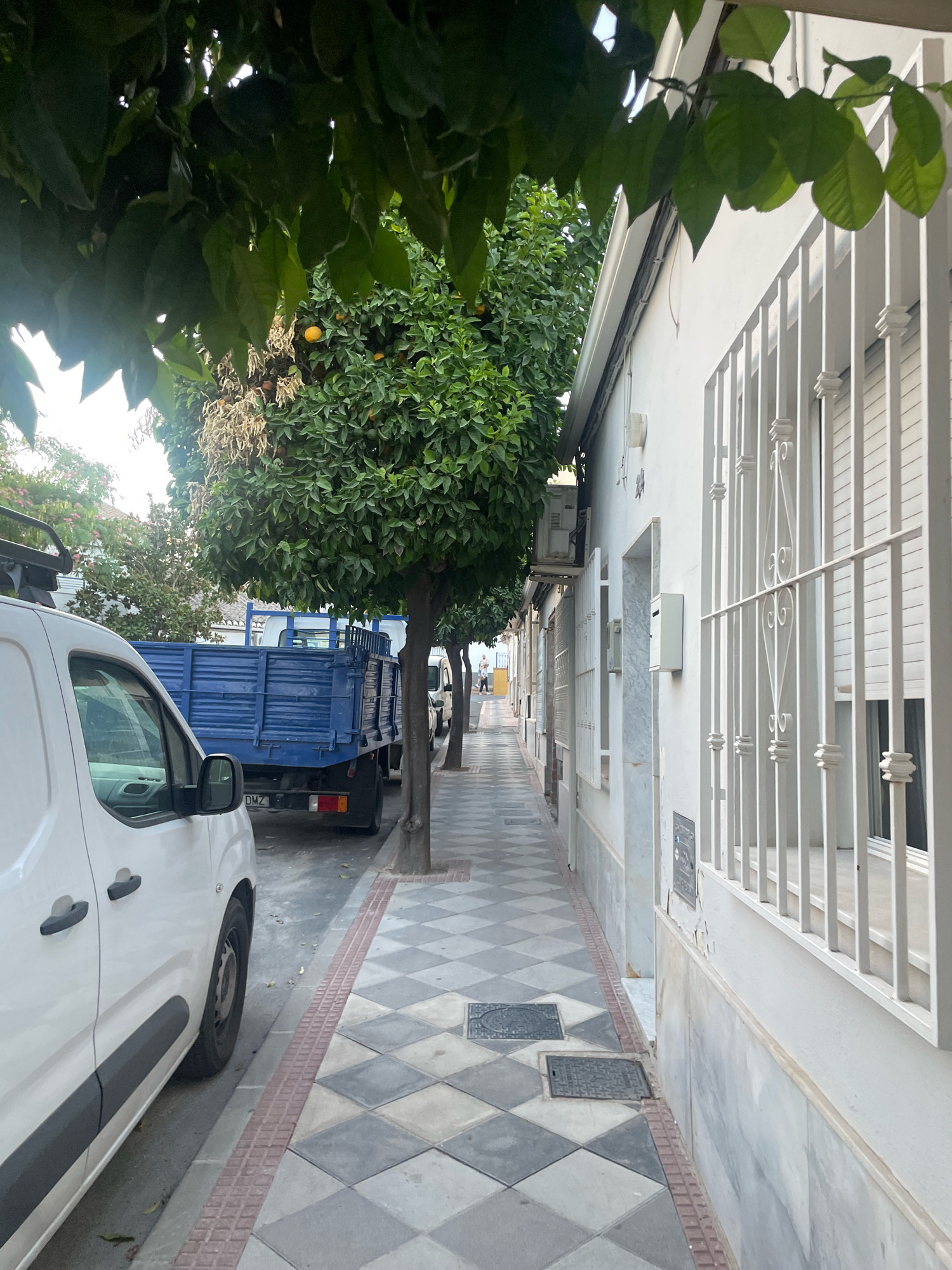 The image depicts a street scene in Atarfe, Spain. On the left side of the image, the front of a white van is visible, parked parallel to the street. Beyond the van, a blue truck with an open bed is parked, also facing away from the viewer. The street itself is lined with trees, some of which bear small orange fruits. A sidewalk with a patterned tile design, featuring alternating grey and white diamond shapes, runs along the right side of the street. This sidewalk is bordered by a red textured strip. Buildings with white facades and barred windows are situated along the sidewalk. The scene appears to be an urban street with residential or commercial buildings.