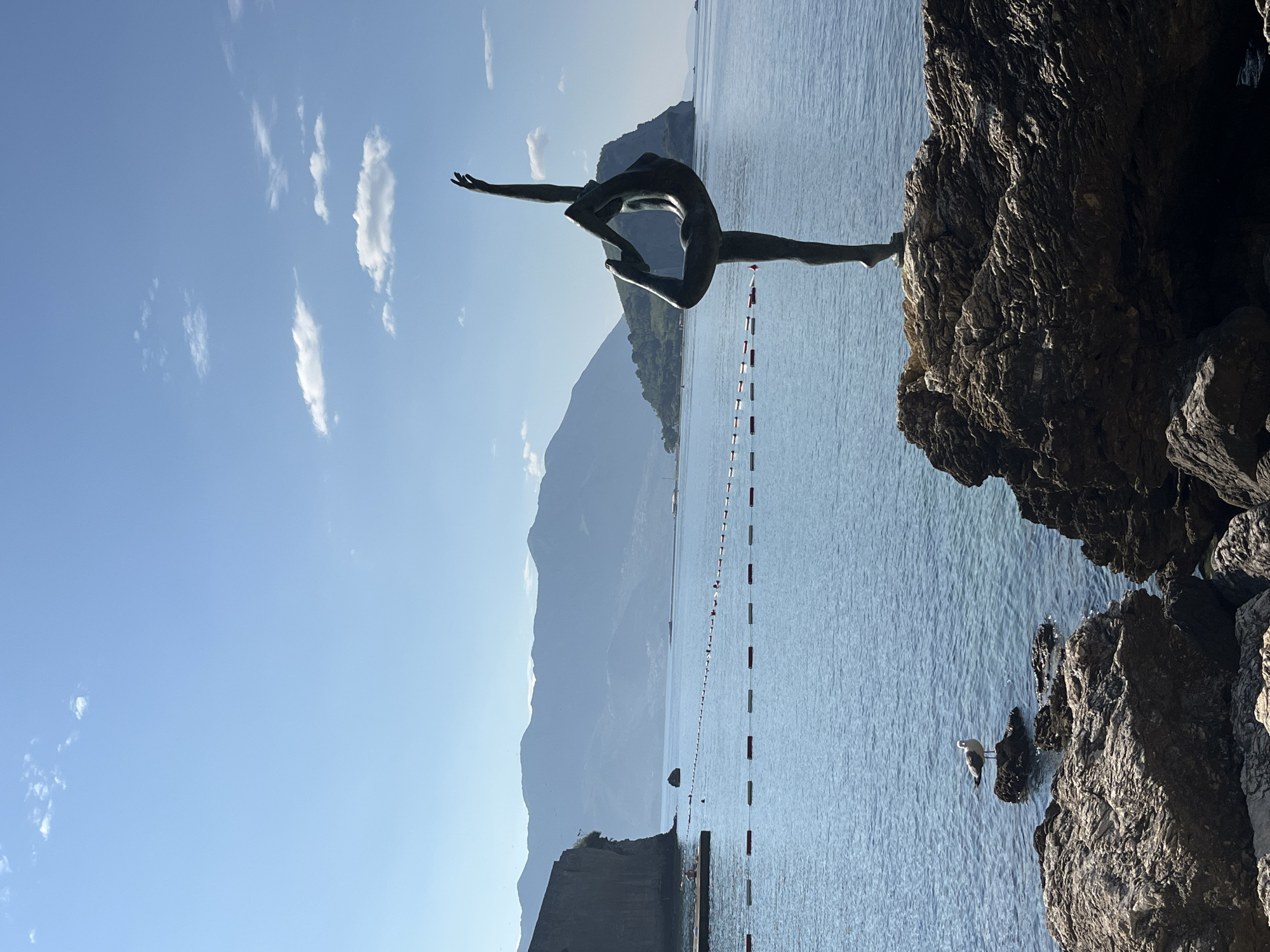 A bronze statue of a ballerina in a pose is situated on a rocky outcrop by the sea in Budva, Montenegro. The ballerina statue is dark and appears to be made of metal. To the left of the statue, a seagull stands on a smaller rock in the water. In the background, a low wall or fortification extends into the sea from the left, with hazy mountains on the horizon. The sea is calm and a light blue, with a red and white marker line floating on the surface. The sky is clear and blue with a few scattered white clouds. The overall scene is serene and picturesque, characteristic of a coastal resort town.