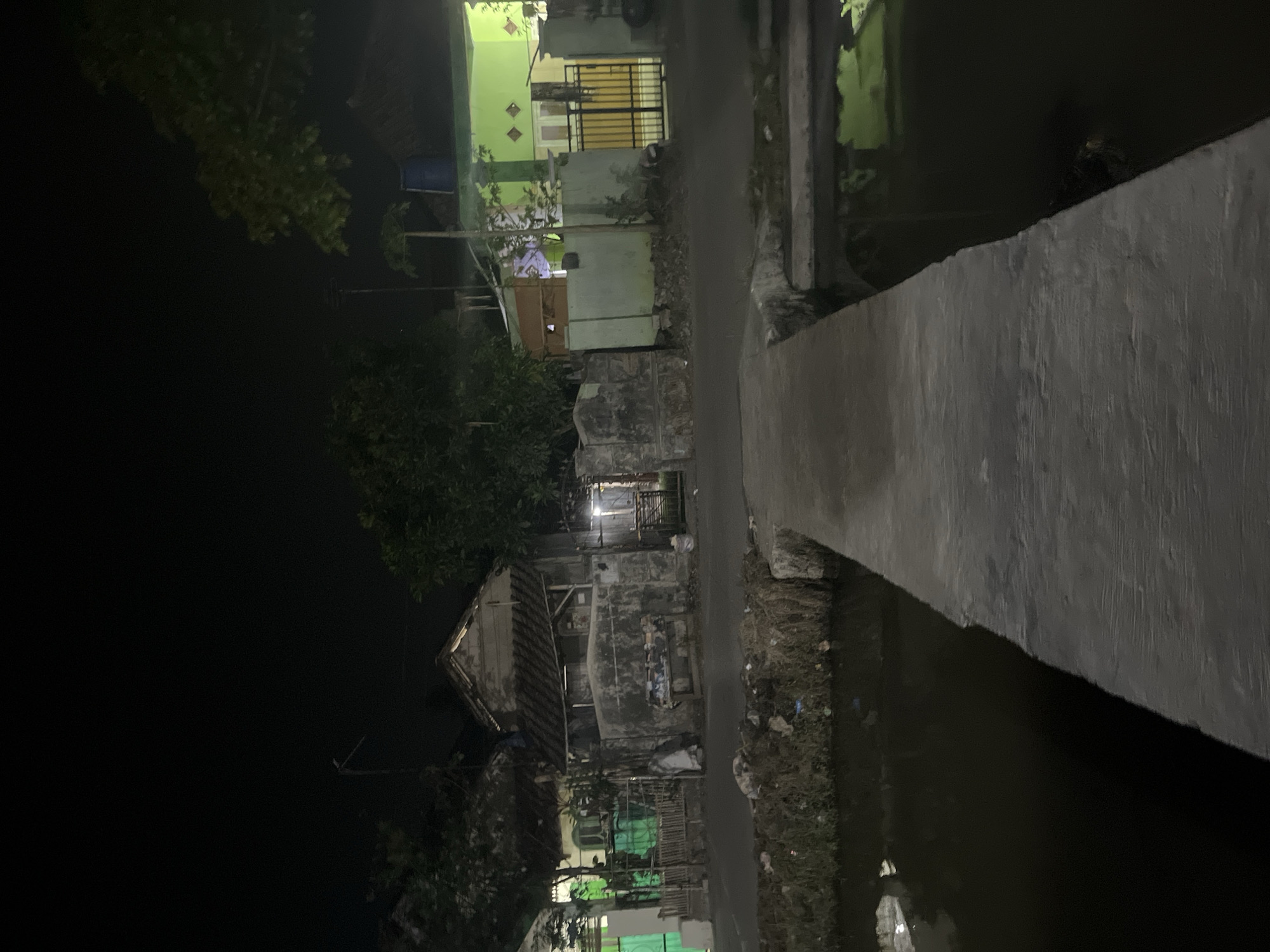 The image depicts a nighttime scene in Laban, Indonesia, focused on a concrete bridge or pathway that spans a dark body of water. On the left side of the bridge, the water is murky and appears to have some debris or vegetation along its edge. On the right side of the bridge, the water reflects a faint green light, possibly from a nearby building.
Beyond the water and to the right of the bridge, a street is visible with several buildings. The most prominent building on the far right is a lime green structure with a yellow gate. To the left of this, there is a tan-colored wall and a building with a worn, weathered facade. Further to the left, there are more structures, including one with a greenish tint and a bamboo fence. Trees and foliage are scattered throughout the scene, partially obscuring some of the buildings. The overall impression is of a residential area at night, with minimal lighting other than that emanating from the buildings. There are no people or animals visible in the image.