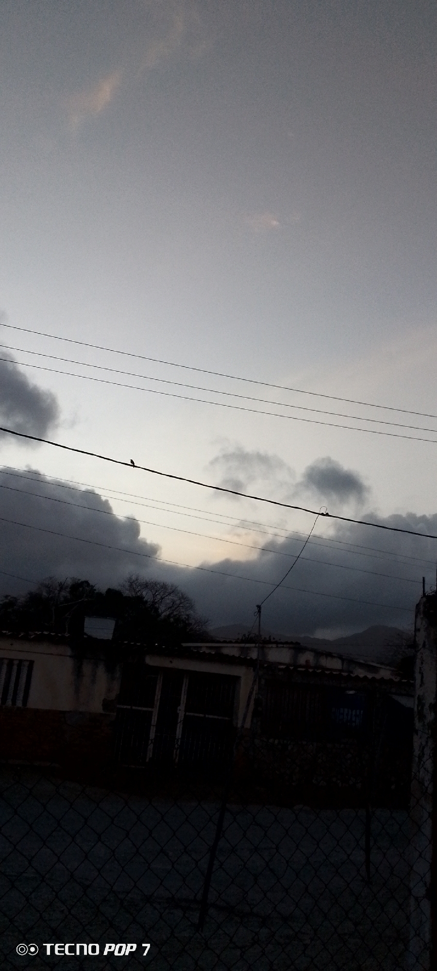 The image depicts a street scene in Altagracia, Venezuela, at dusk or dawn. The sky is overcast with heavy clouds. Power lines run across the frame, with a bird perched on one. Below the lines, there are single-story buildings in dark shadows with possible doors and windows barely visible. Vegetation can be seen behind the buildings. A chain-link fence occupies the foreground. A mountain is slightly visible in the background, blending with the clouds.