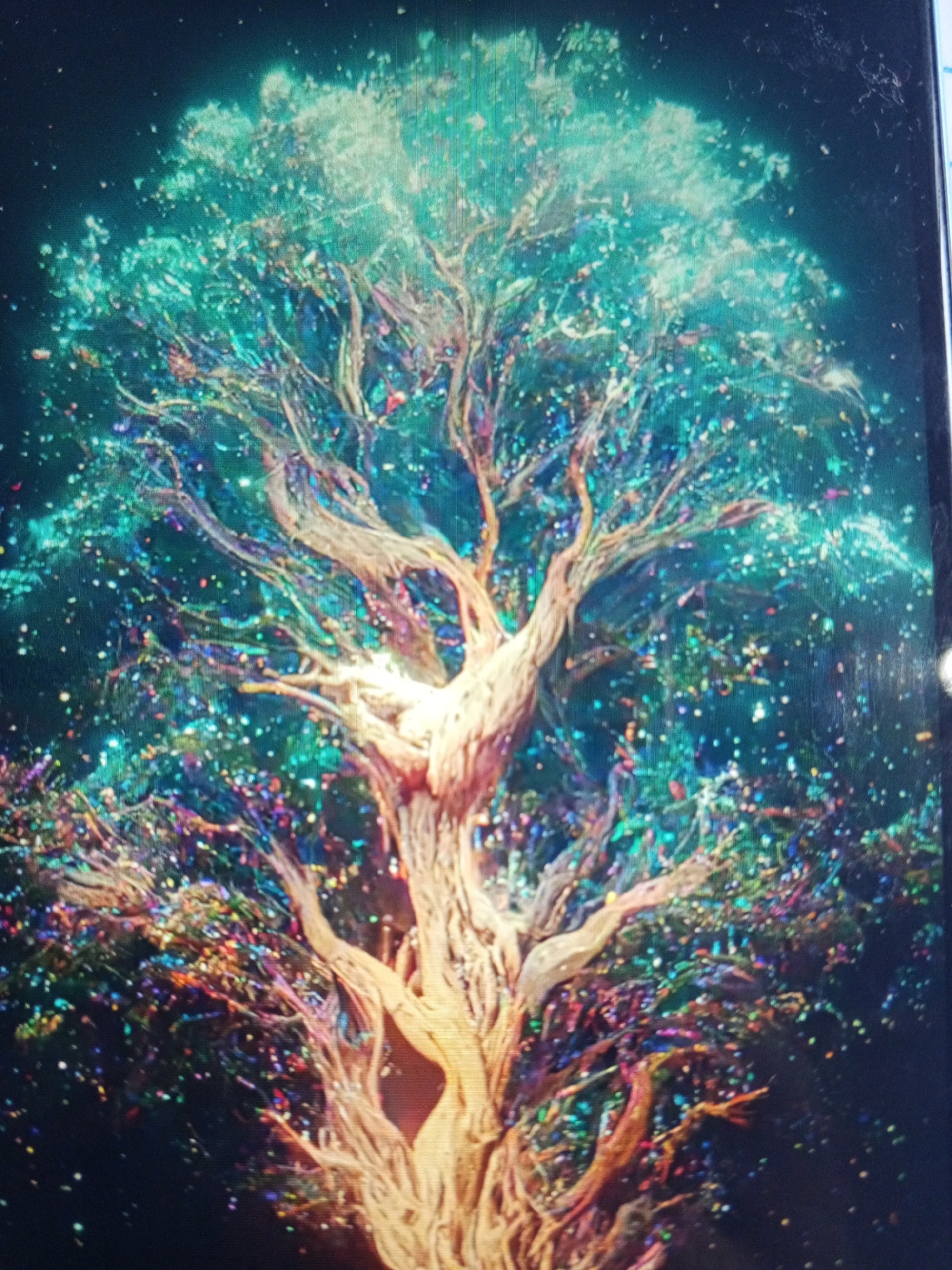 The image displays a fantastical, glowing tree against a dark background, reminiscent of a night sky filled with faint stars. The central subject is a large tree with a thick, textured trunk and branching limbs that radiate a warm, golden-white light. This light is particularly prominent at the core of the tree, highlighting its intricate structure.
Instead of traditional leaves, the tree's canopy is composed of a multitude of sparkling, iridescent particles or specks of light. These luminous elements display a rich spectrum of colors, including vibrant teals, blues, and light greens towards the top, gradually transitioning to a dazzling mix of purples, reds, oranges, and darker blues throughout the rest of the canopy. This creates an ethereal, magical effect, as if the tree is a living constellation or an energy source.
The dark background accentuates the tree's brilliance, suggesting an abstract, cosmic, or deep-night setting. No people or specific activities are depicted, focusing entirely on the mystical arboreal form. The image has a slightly pixelated or grainy texture, characteristic of a photograph of a screen, and some minor streaks or imperfections are visible in the darker regions. There is no visible text.