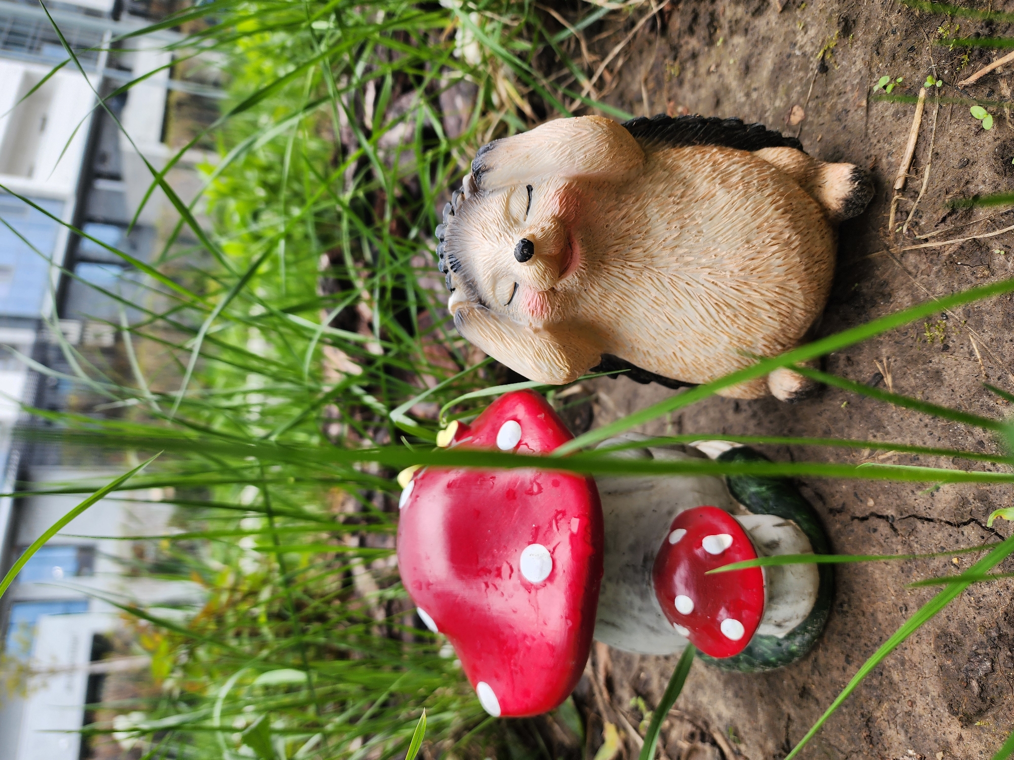 The image depicts a garden scene, likely in Kazan, Russia, containing two garden ornaments: a ceramic hedgehog and a ceramic mushroom. The hedgehog figurine is light brown with dark brown spines and is depicted with its eyes closed and hands resting on its head. Adjacent to the hedgehog is a mushroom figurine with a red cap adorned with white spots and a white stem. The scene is situated amidst green grass and exposed soil, with some blades of grass partially obscuring the ornaments. In the blurred background, a building with glass windows can be seen, suggesting the garden is near a residential or urban area. There are no people visible in the frame. The composition suggests a staged or carefully arranged setting for the ornaments within the garden environment.
