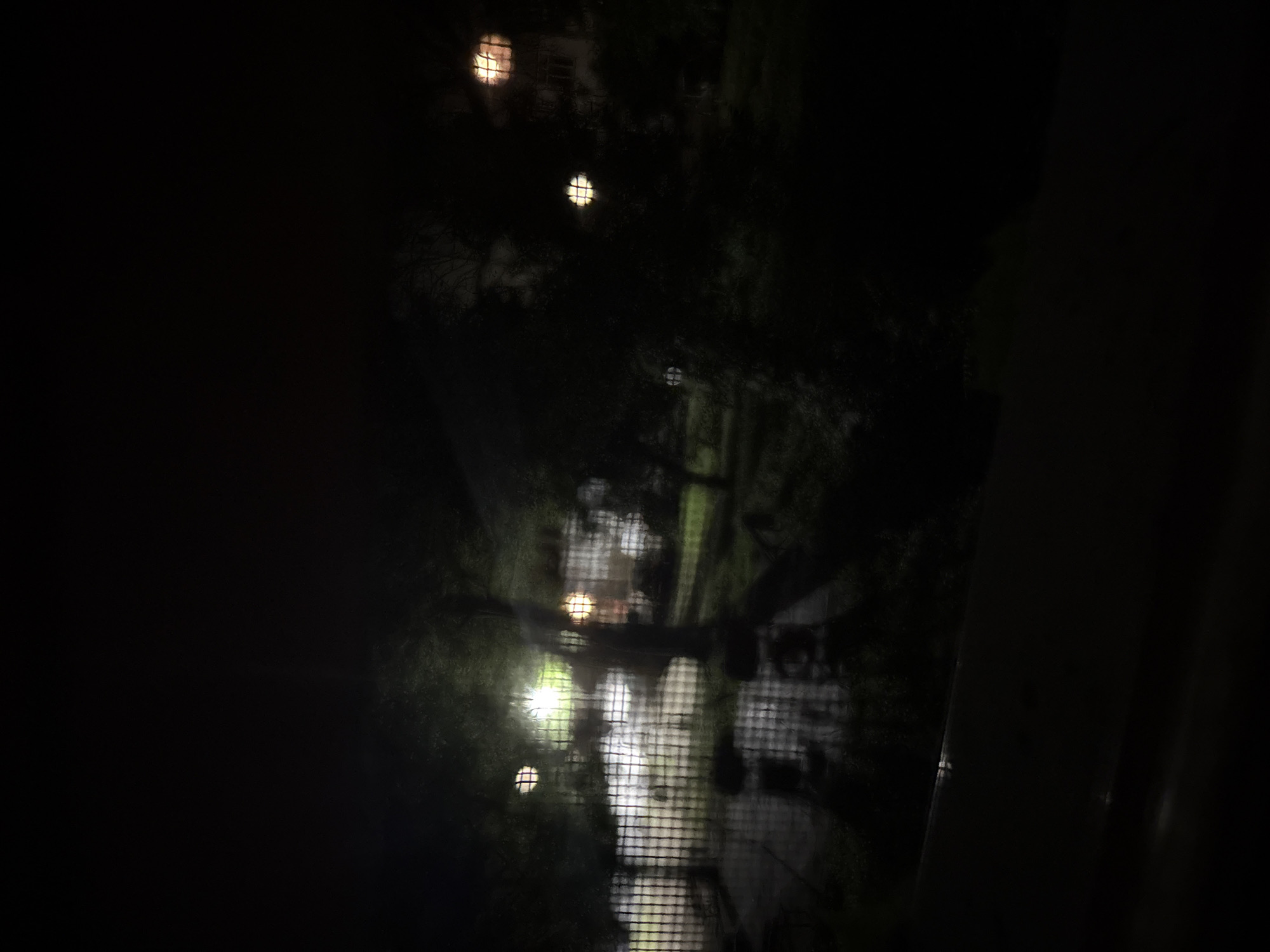 The image depicts a nighttime scene viewed through a grimy window, likely from an apartment in Plovdiv, Bulgaria. The foreground is dominated by the dark, blurred silhouette of the interior, with the windowpane exhibiting a grid-like pattern of dirt and condensation.
Beyond the window, the view is dimly illuminated by artificial lights, suggesting an urban or semi-urban environment. There are several circular or square light sources visible through the trees and structures. One prominent bright white light appears to be a streetlamp or floodlight. To its right, a warm, orange light emanates from what could be a window with a distinctive cross-shaped pattern. Further to the right, another similar warm light is visible in the distance, possibly from another building.
The middle ground shows a fenced area, likely a yard or courtyard, with a checkered pattern of light and shadow on the ground, possibly indicating wet pavement or reflections. Trees with bare branches are silhouetted against the lights, suggesting it might be late autumn or winter. In the background, blurred building facades can be discerned.
The overall atmosphere is somber and slightly disorienting due to the low light conditions and the obscuring window. There are no people or specific actions visible, just a static view of a nocturnal urban landscape. The image captures a sense of enclosure and isolation, with the viewer observing the outside world from within a darkened space.