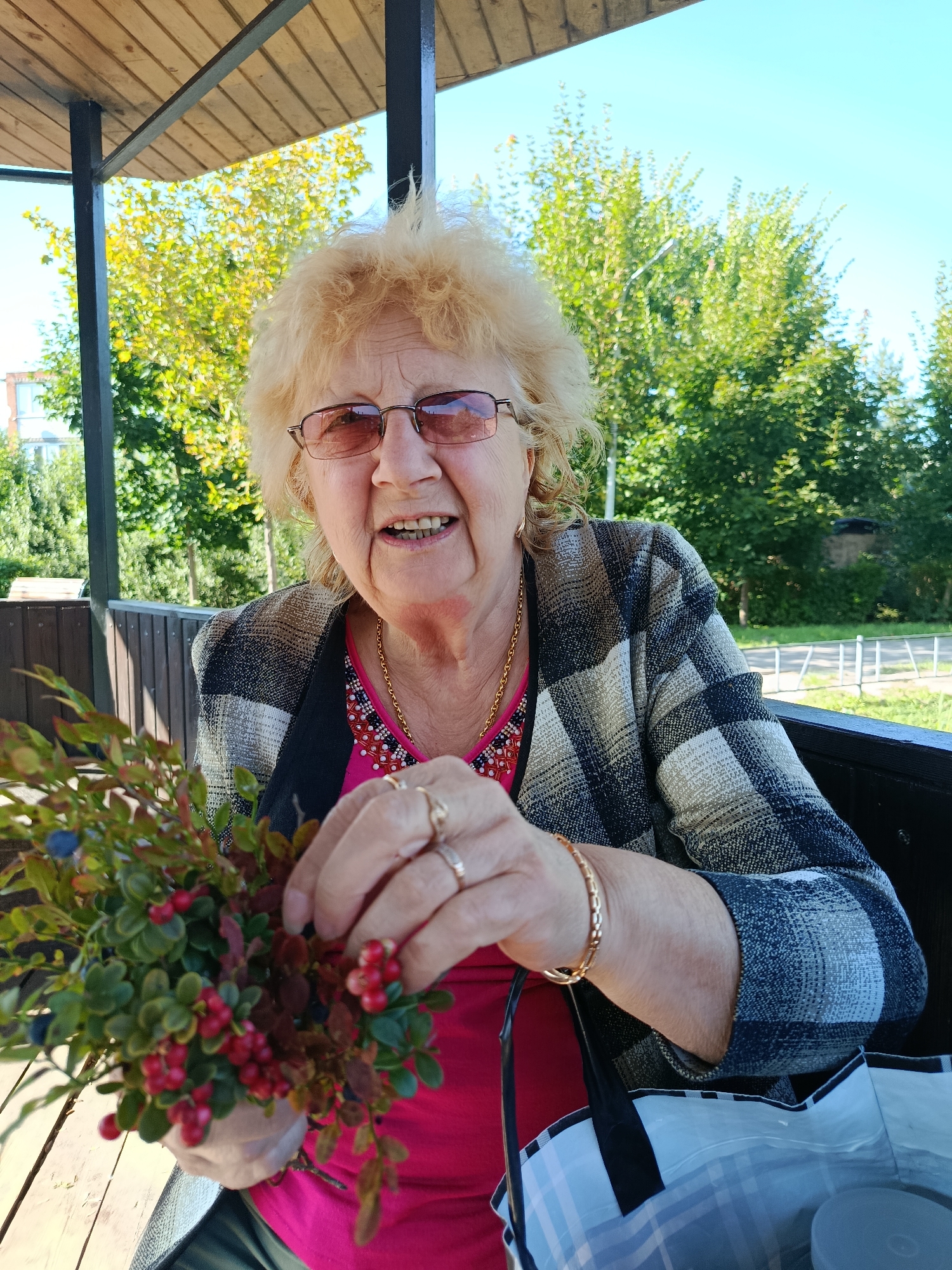 A blonde, fair-skinned elderly woman with glasses and a checkered jacket is sitting on a wooden porch on a sunny day. She is holding a bouquet of berries and leaves. In front of her is a checkered bag. The background shows trees and a clear blue sky.
