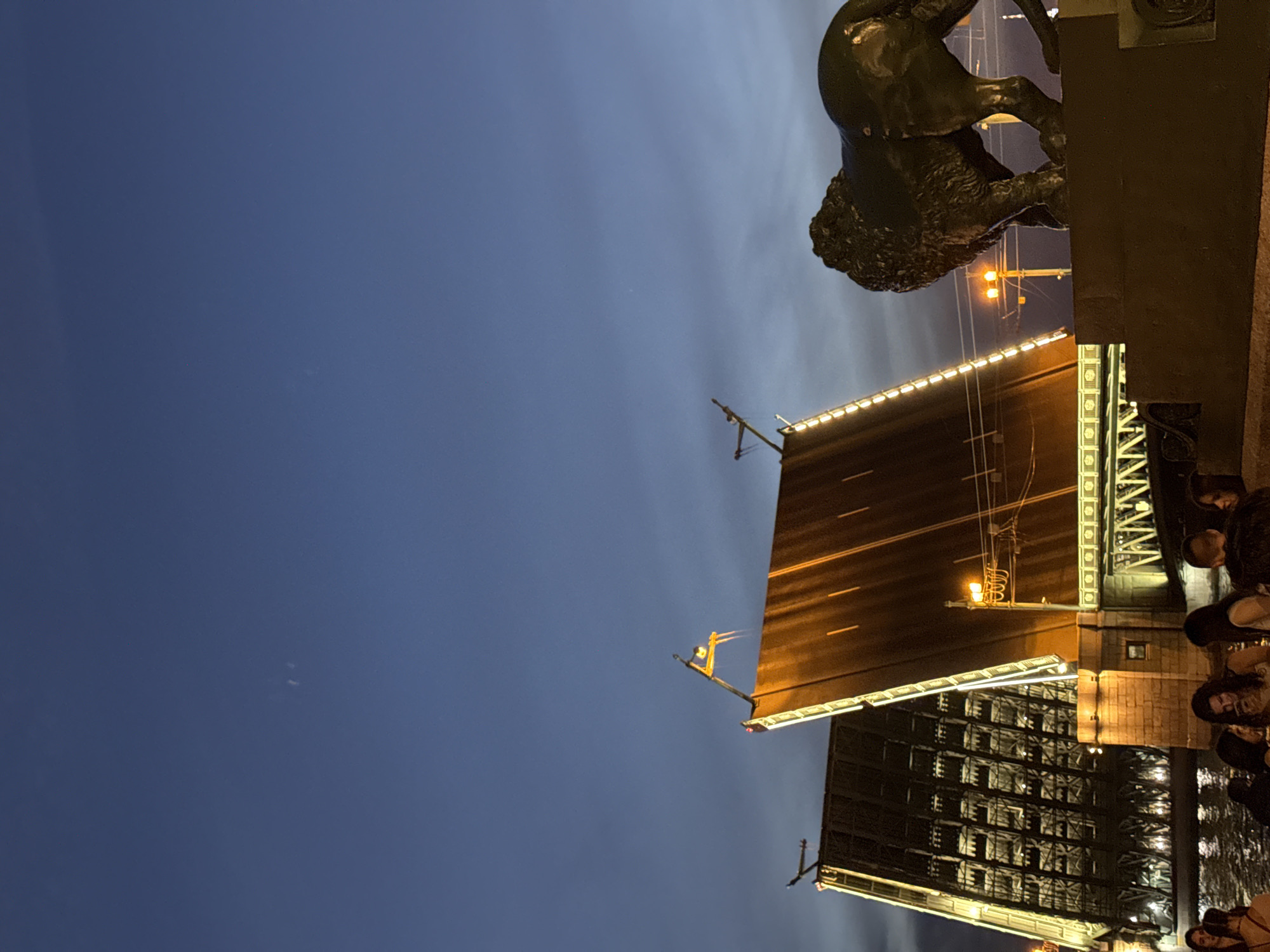 The image captures a nighttime scene at the Palace Bridge (Dvortsovy Most) in Saint Petersburg, Russia, with the drawbridge in its raised position. The two massive central spans of the bridge are elevated towards the deep blue twilight sky, revealing their illuminated undersides and structural elements. The left bridge span displays a grid-like pattern of bright lights, while the right span features distinct parallel rows of lights. A small, light-colored flag is visible on a pole near the top of the right bridge segment.
In the immediate foreground on the right, a dark bronze lion statue is prominent, viewed from its rear-right side, standing on a dark, heavy stone pedestal. Its textured mane and powerful physique are discernible. Below the raised bridge, the dark waters of the Neva River reflect ambient and artificial lights. A group of people is gathered in the lower-left and central foreground, presumably on an embankment, observing the illuminated bridge. One bright orange streetlight is visible between the right bridge span and the lion statue. The sky above is a gradient of dark blue with subtle cloud formations and a few faint specks of light.