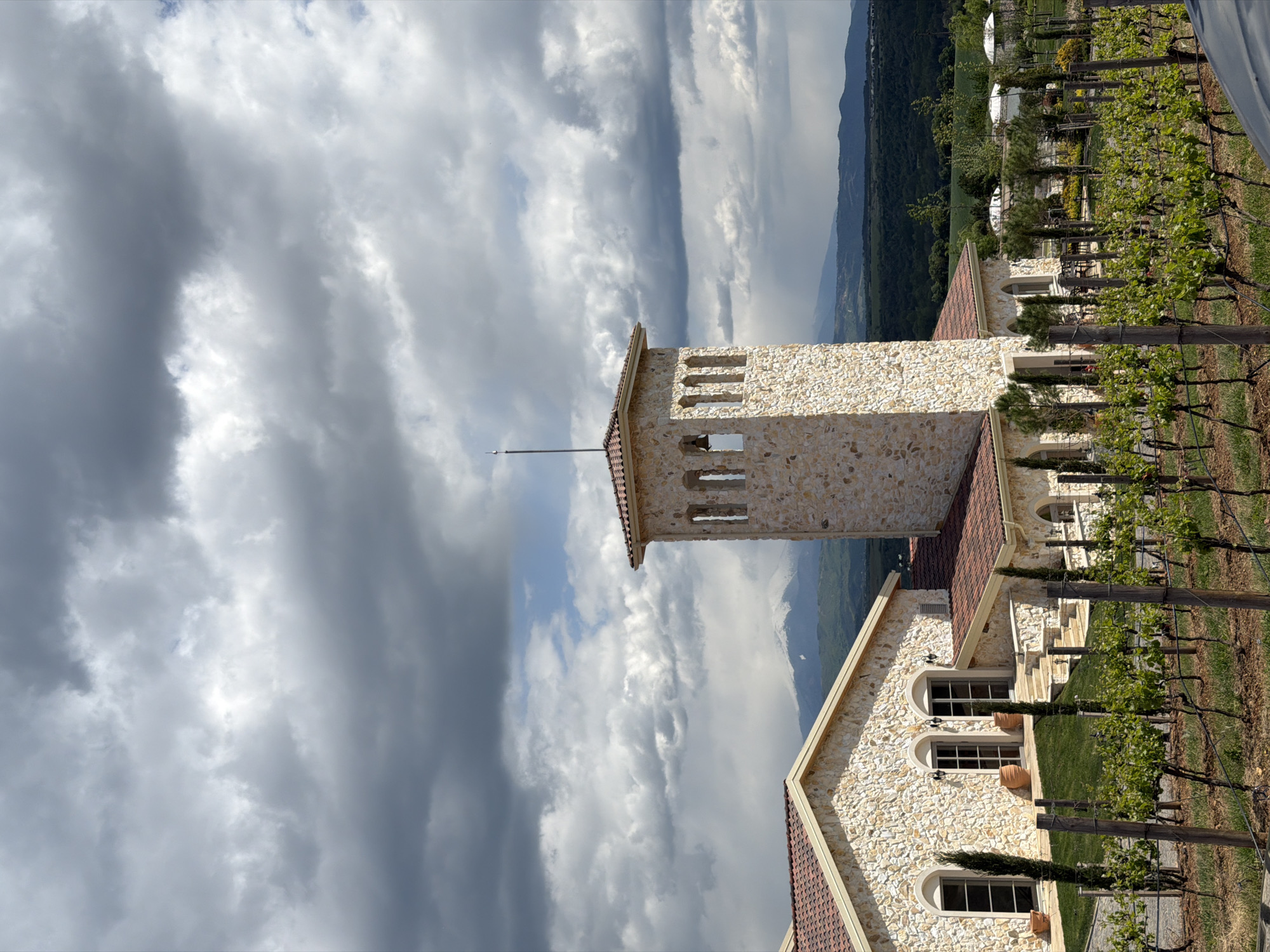 The image shows a stone building with a tower, possibly a winery or estate, located in Kocherinovo, Bulgaria. The building has a red-tiled roof and arched windows with potted plants. A vineyard is planted in rows beside the building. The sky is cloudy with both dark and light areas, and a mountain range can be seen in the distance.
