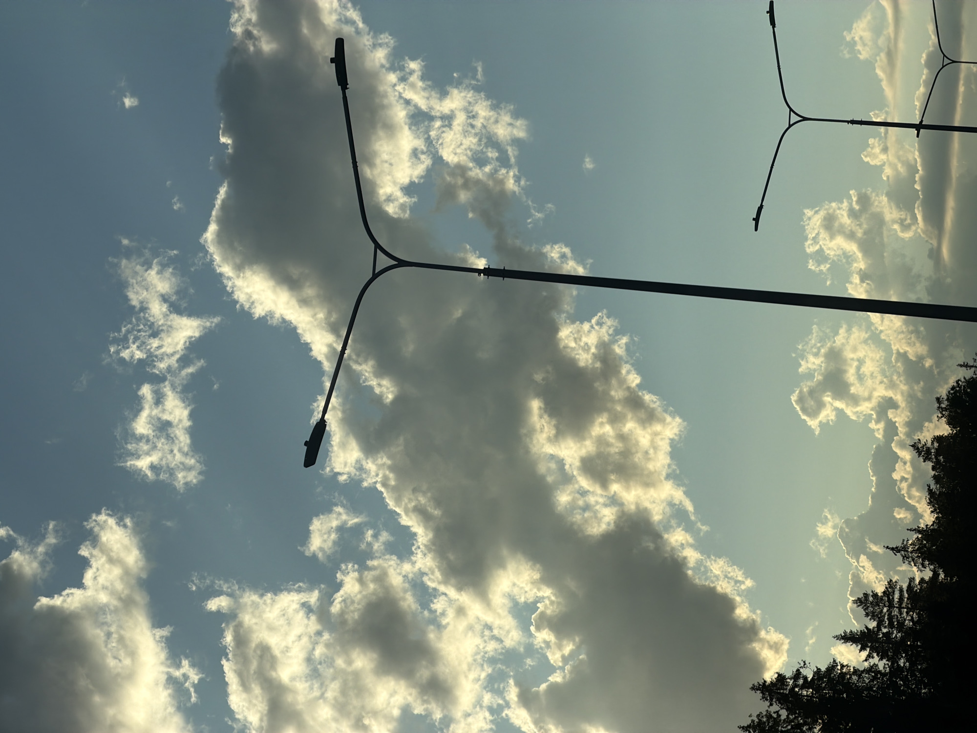 The image depicts a sky filled with dramatic clouds, illuminated by the golden light of either sunrise or sunset. Silhouetted against the sky are the dark forms of streetlights and the tops of evergreen trees. The clouds are varied, with some appearing dense and dark, while others are wispy and catch the sunlight, creating a contrast between light and shadow. The scene has a serene and slightly melancholic feel, characteristic of transitional times of day. The location is specified as Brilliant, Russia. There is no visible text in the image.