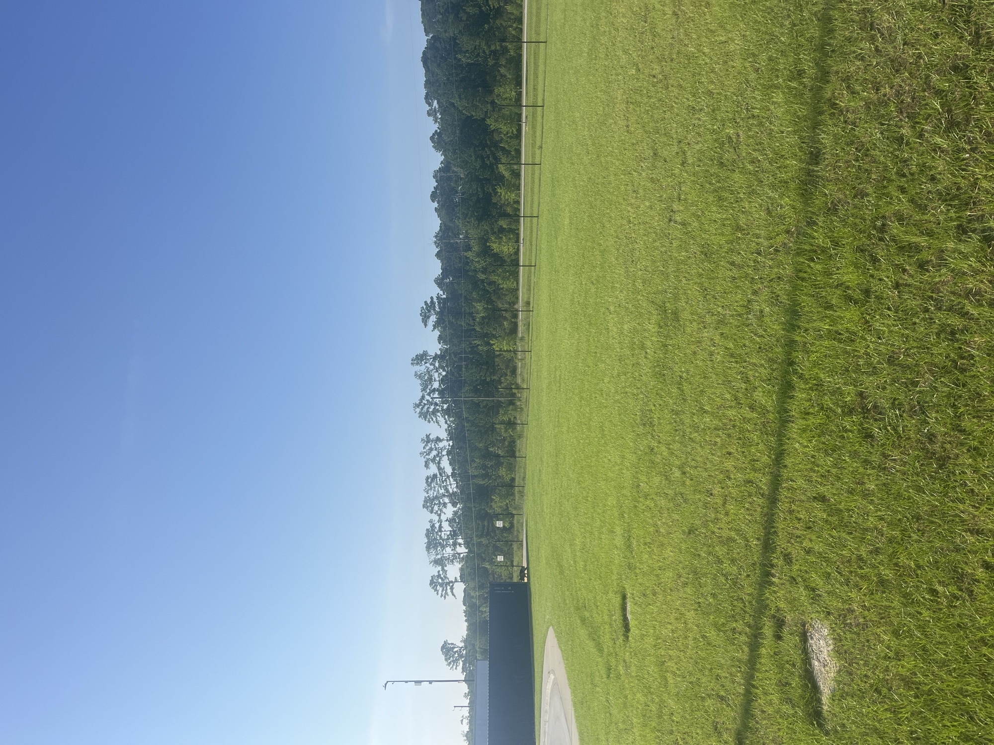 This image depicts a bright, sunny day with a clear blue sky above a landscape in Pooler, United States of America. In the foreground, a well-maintained, vibrant green lawn stretches across the scene. Two light-colored circular patches are visible on the lawn, one in the lower left and another further back, appearing as if something was removed or is naturally depressed in the grass. A dark gray, rectangular structure, likely a shipping container or similar building, is situated on the left side of the image, adjacent to a curved light-colored paved area. A tall pole with lights, possibly a light standard, stands near this structure. Beyond the lawn, a black chain-link fence runs horizontally across the mid-ground, separating the open grassy area from a treeline of dense green foliage, predominantly pine trees, that forms the background. A road is visible behind the fence and in front of the trees. A small, dark animal, possibly a dog, is seen near the fence. There are also two square signs on posts behind the fence, one with the number "80" and another with "60". The overall environment suggests an outdoor, possibly industrial or recreational, area under clear weather conditions.