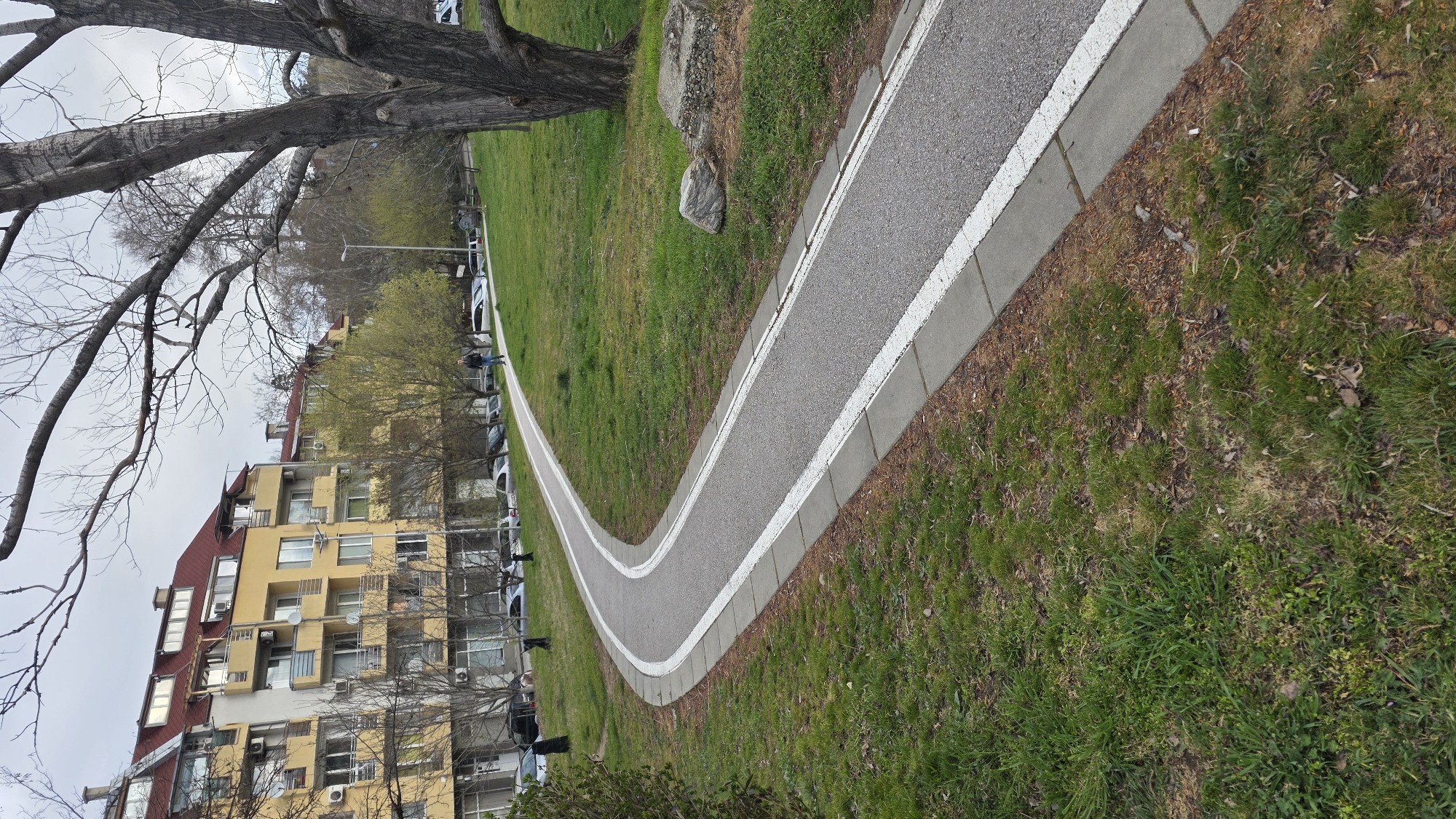 The image depicts a curved, grey, asphalt pathway with white-painted edges, bordered by grey concrete curbs. The path winds through a grassy area with a few scattered rocks and is framed by trees. In the background, a multi-story yellow apartment building with a red roof is visible, along with parked cars lining a street. A lone person is walking on the path on the left side of the image. Given the architectural style and overall environment, the location appears to be in an urban green space, with buildings and parked vehicles suggesting a residential area nearby. Based on the prompt information and appearance of architecture, the location can be identified as likely being in Blagoevgrad, Bulgaria.