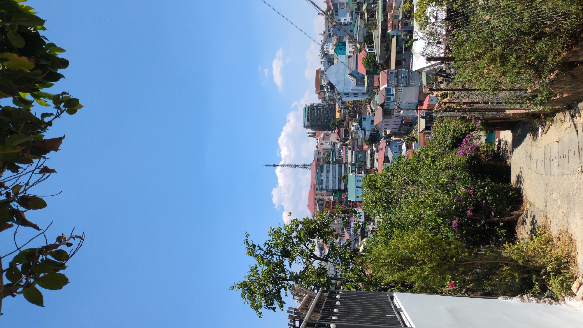 The image shows a view overlooking the city of Da Lat, Vietnam. The frame is divided between a bright blue sky with scattered clouds on the left and a view of densely packed colorful buildings on the right, with a communication tower visible in the distance. A paved pathway runs along the right side of the frame, bordered by a wire fence and vegetation including trees and flowering bushes. In the bottom foreground, there is a metal gate or fence with a white wall. Leaves are seen on the left side of the frame.