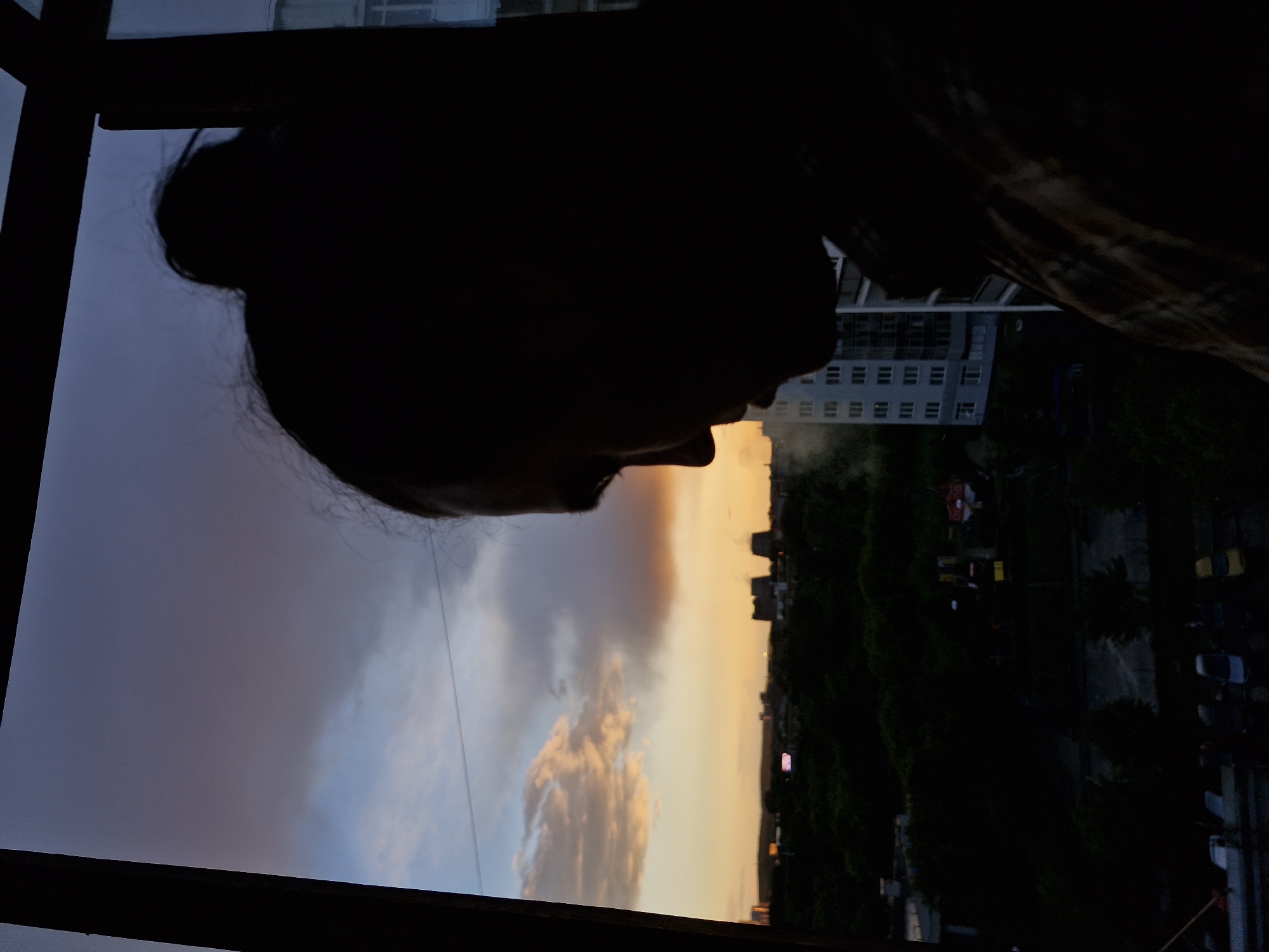 The photograph shows a silhouette of a person looking down from a high vantage point, likely a window or balcony, overlooking a city landscape at dusk. The person has their hair pulled back in a bun. The sky is a mix of blue and orange hues, indicating a sunset or sunrise. Below, there are buildings and trees, suggestive of an urban environment. There are also some cars on what looks like the road. The location is identified as Yekaterinburg, Russia, suggesting that the urban elements are representative of that city.