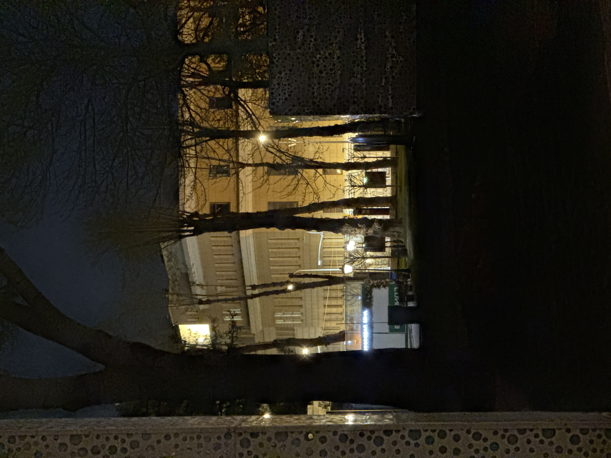 The image depicts a night scene in an urban environment. An apartment building with multiple floors and illuminated windows is visible through the branches of bare trees. The building appears to be illuminated by streetlights and lights from within the apartments. A section of the building with a sign with letters that appear to be in Cyrillic is also visible. The foreground shows a ledge or wall with a repeating circular pattern. The scene is predominantly dark, with light sources from the building and streetlights casting shadows and creating highlights.