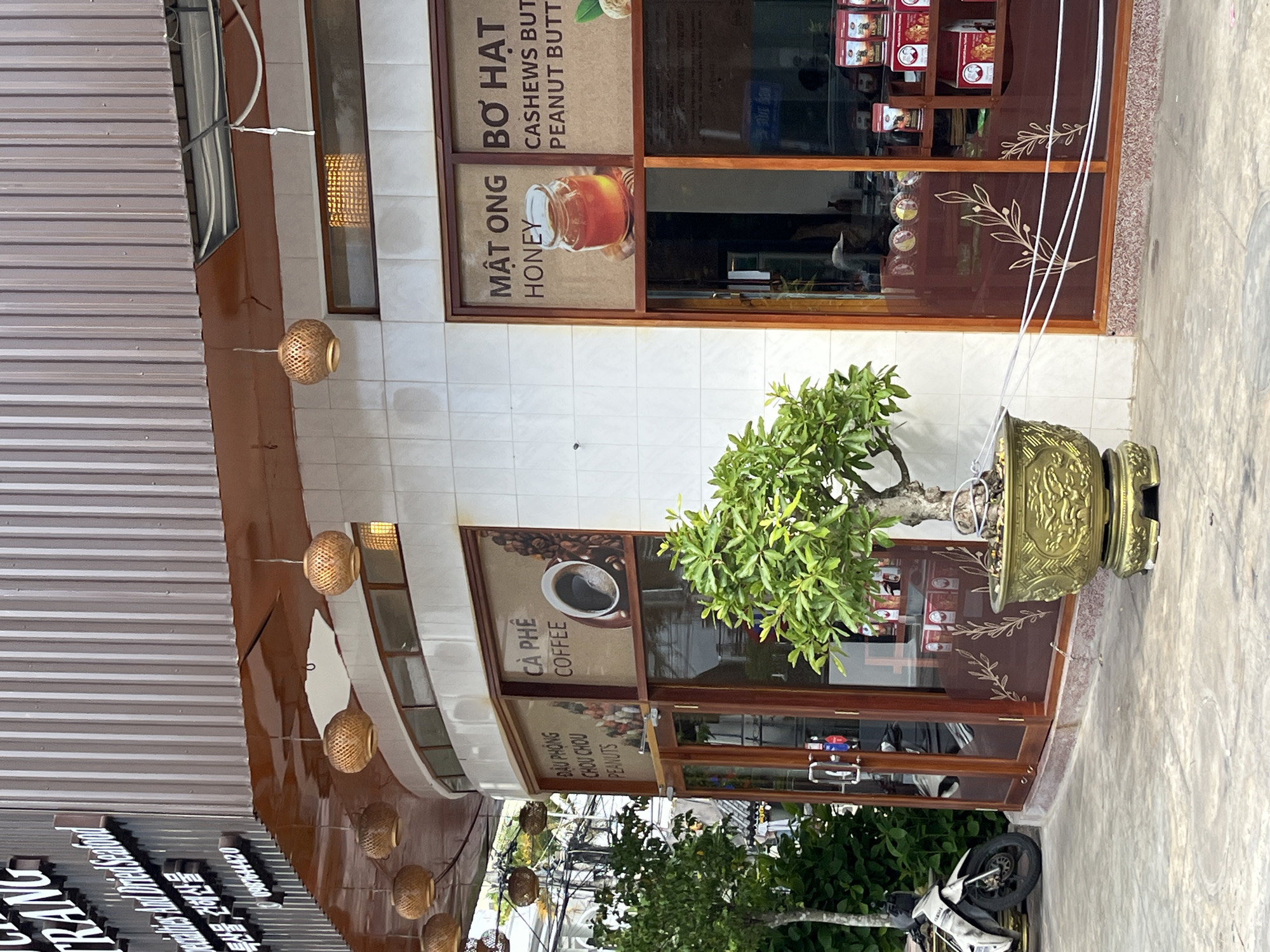 The image depicts the exterior of a store located in Nha Trang, Vietnam. The storefront features large glass windows with signage advertising "MẬT ONG HONEY" and "BƠ HẠT CASHEWS BUTTER PEANUT BUTTER". To the left, a window displays "ĐẦU PHÒNG CHOU CHOU PEANUTS" and an image of coffee. Several round, woven hanging lamps are visible above the windows, with bamboo or rattan elements. A well-maintained bonsai tree in an ornate golden pot sits on the sidewalk in front of the store. Adjacent to the store entrance, a white and black motorcycle is parked. The building's facade is covered in white tiles, and a corrugated metal overhang extends over the entrance area. Shelves displaying packaged goods are visible through the right-hand window. The overall environment suggests a commercial street in the city.