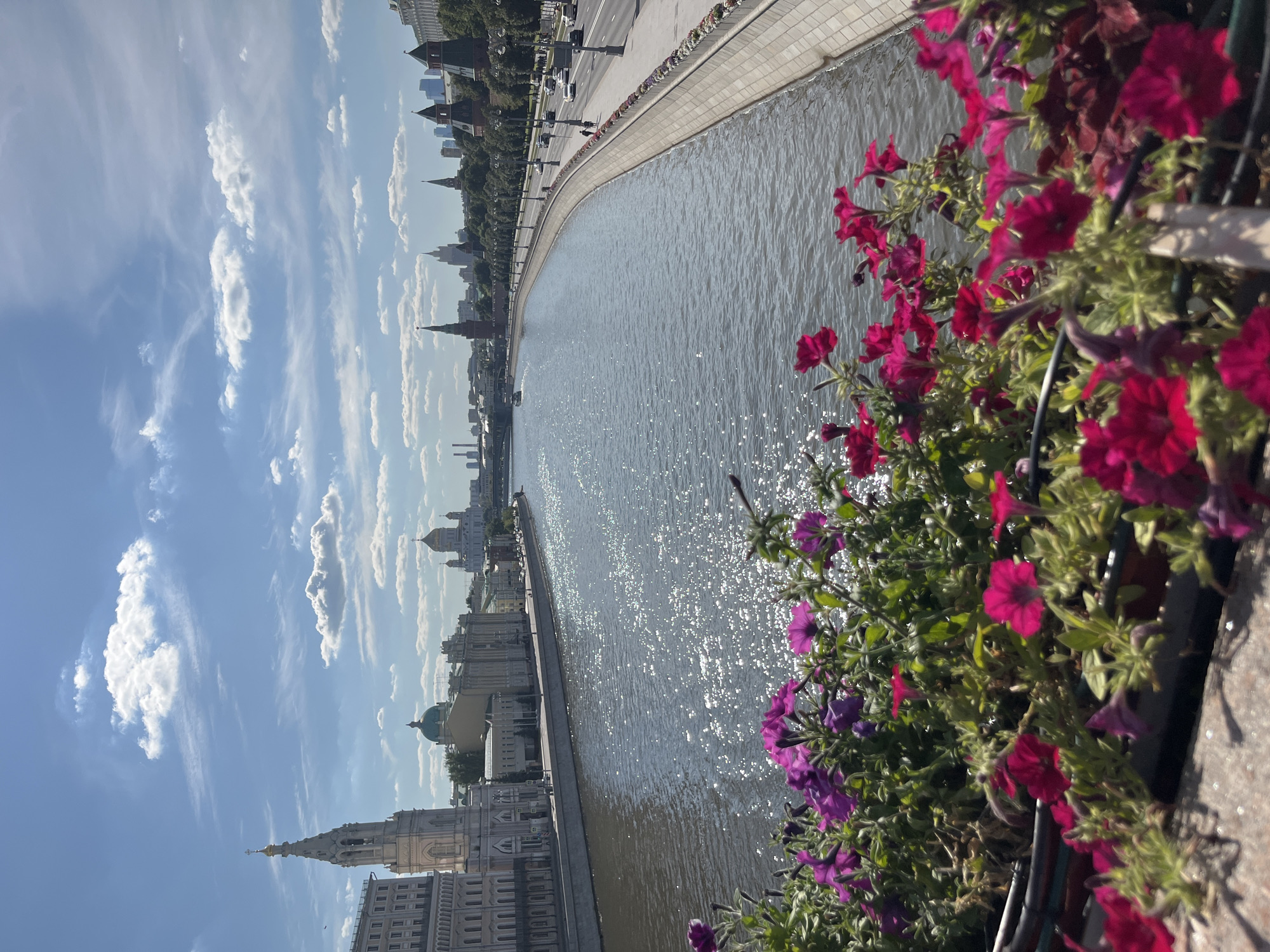 The image captures a scenic view of the Moscow River in Russia, with the Moskvoretskaya embankment and various architectural landmarks in the background. In the foreground, a planter filled with vibrant pink and purple petunias adds a splash of color. The river's surface shimmers with sunlight, reflecting the bright blue sky dotted with white clouds.
On the left bank, a prominent white bell tower with a golden spire rises above other buildings, including one with a green dome. Further along the embankment, the golden domes of the Cathedral of Christ the Saviour are visible in the distance.
The right bank of the river features a wide embankment with a road. Cars and a few pedestrians are present on the embankment, indicating normal city activity. A line of trees runs along the embankment, providing a green contrast to the urban landscape. In the background, several towers of the Moscow Kremlin, including Spasskaya Tower, are identifiable, along with other modern high-rise buildings. The overall scene depicts a sunny day in Moscow, showcasing the city's blend of historic and modern architecture along the river.