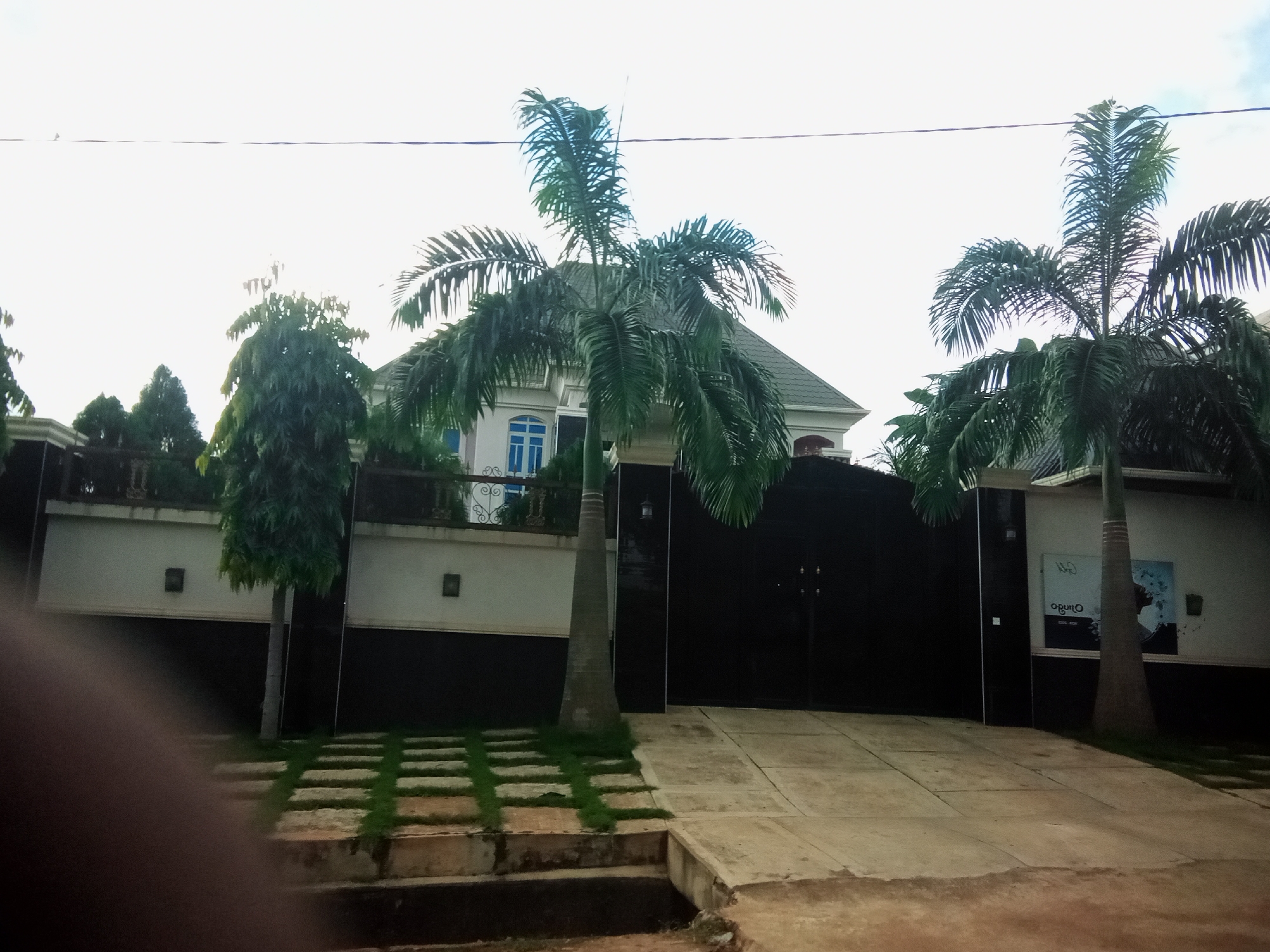 The image depicts a large, modern residential building with a black metal gate and palm trees in front. The building is white with a green roof and features blue-framed windows. There is a paved driveway leading to the gate, with a walkway made of stepping stones set in grass. The scene appears to be in Nibo, Nigeria, given the architectural style and vegetation. The sky is overcast, and the lighting suggests it is daytime. There are no people visible in the image.